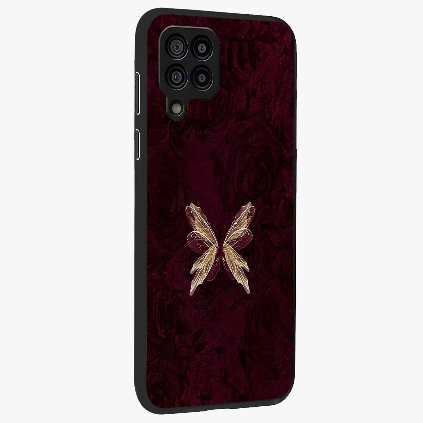 Crimson Fade Butterfly Glass Case upright view showcasing graceful butterfly artwork with soft crimson fade effect.
