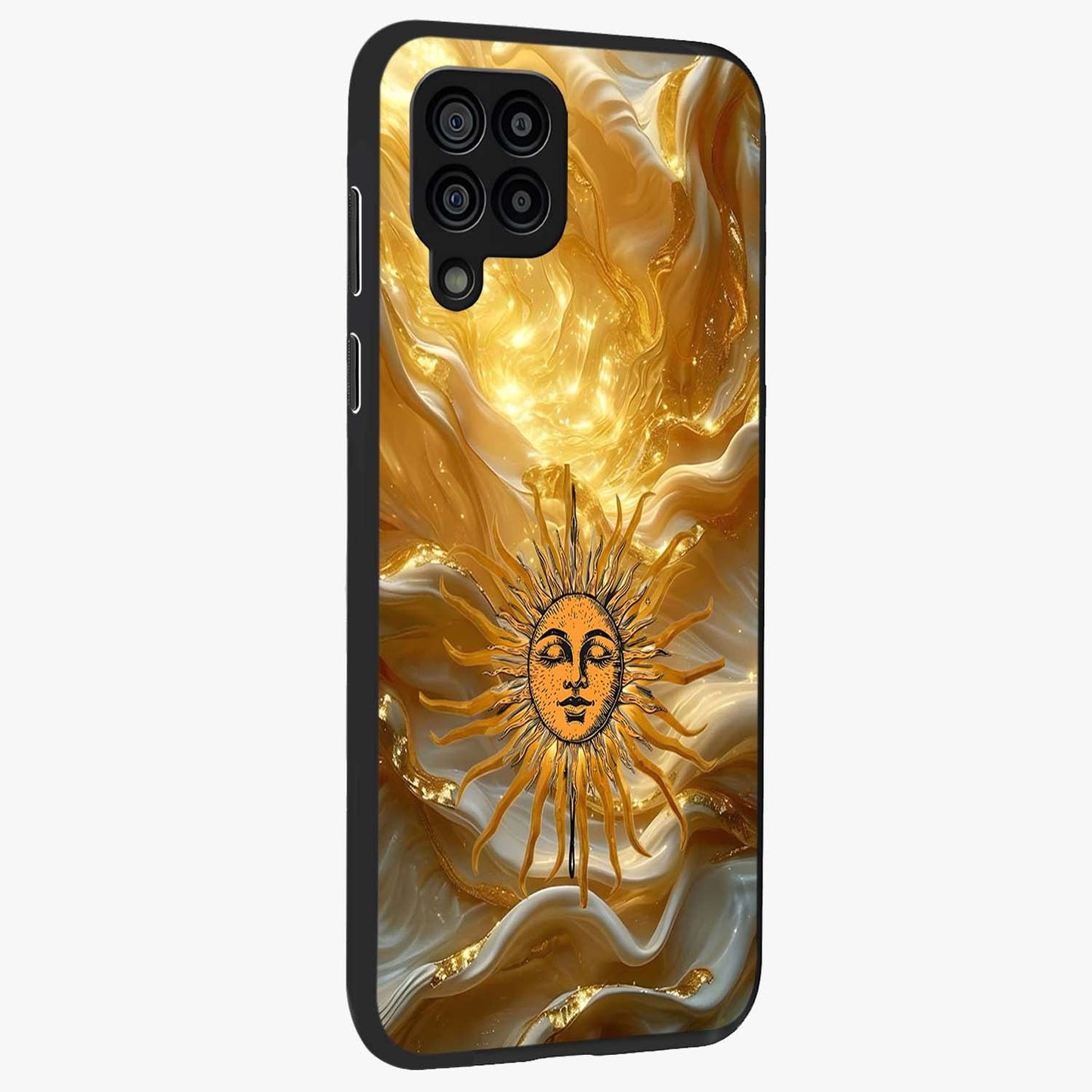 Eternal Golden Glow Glass Case upright view showcasing luminous golden artwork with luxurious visual theme.