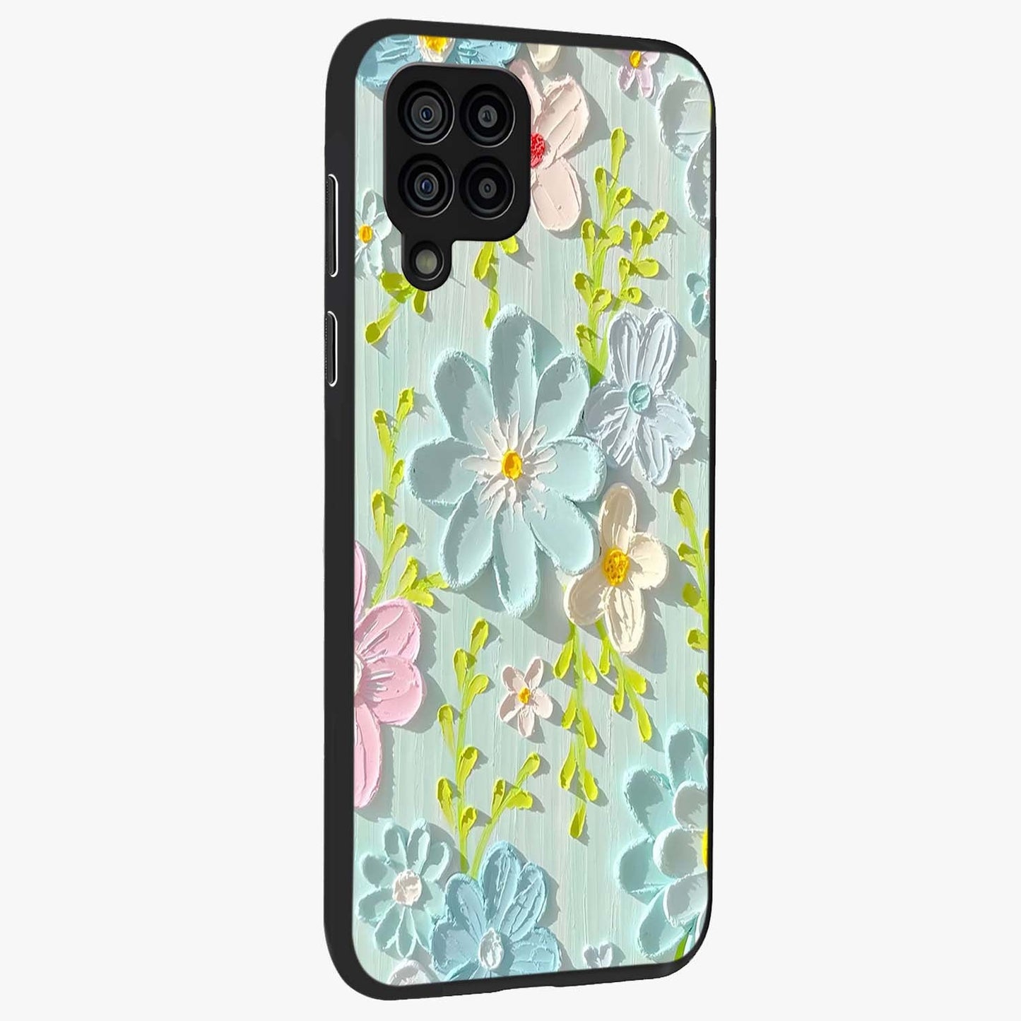 Frosted Petal Garden Glass Case upright view showcasing elegant floral garden artwork with soothing pastel theme.