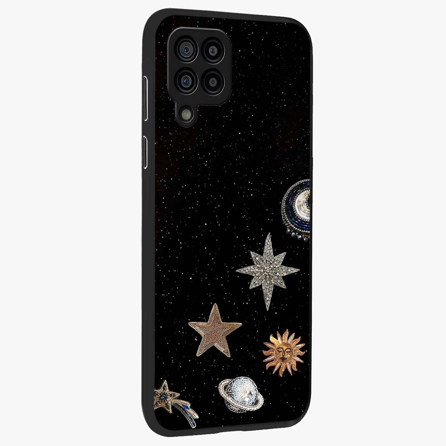 Galactic Charm Glow Glass Case upright view showcasing glowing cosmic charm artwork with magical celestial style.