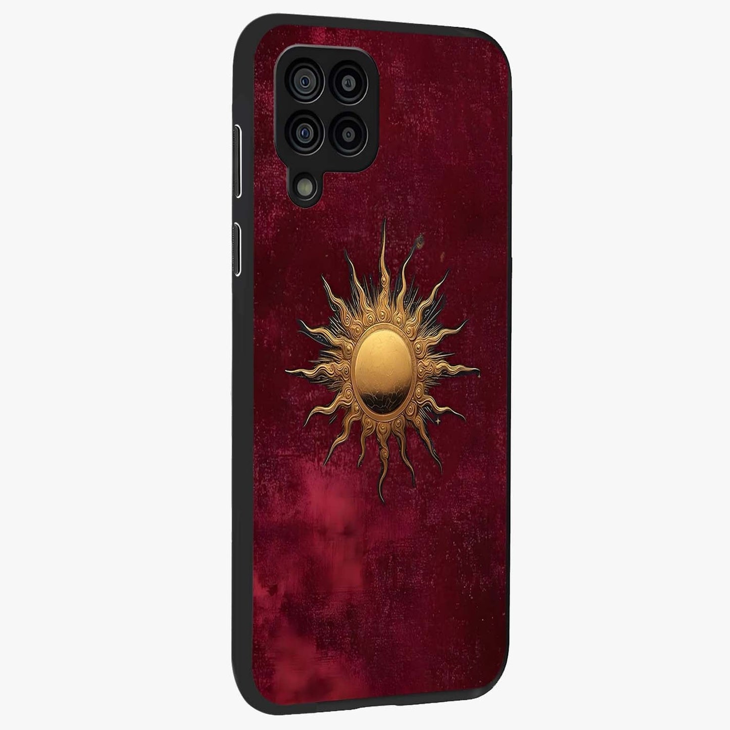 Golden Sun Minimalism Glass Case upright view showcasing simple golden sun artwork with elegant minimalist style.