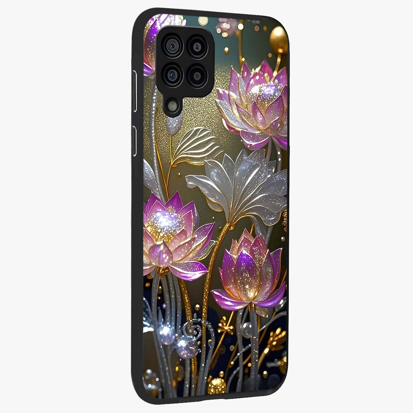 Golden Floral Majesty Glass Case upright view showcasing majestic floral artwork with rich decorative theme.