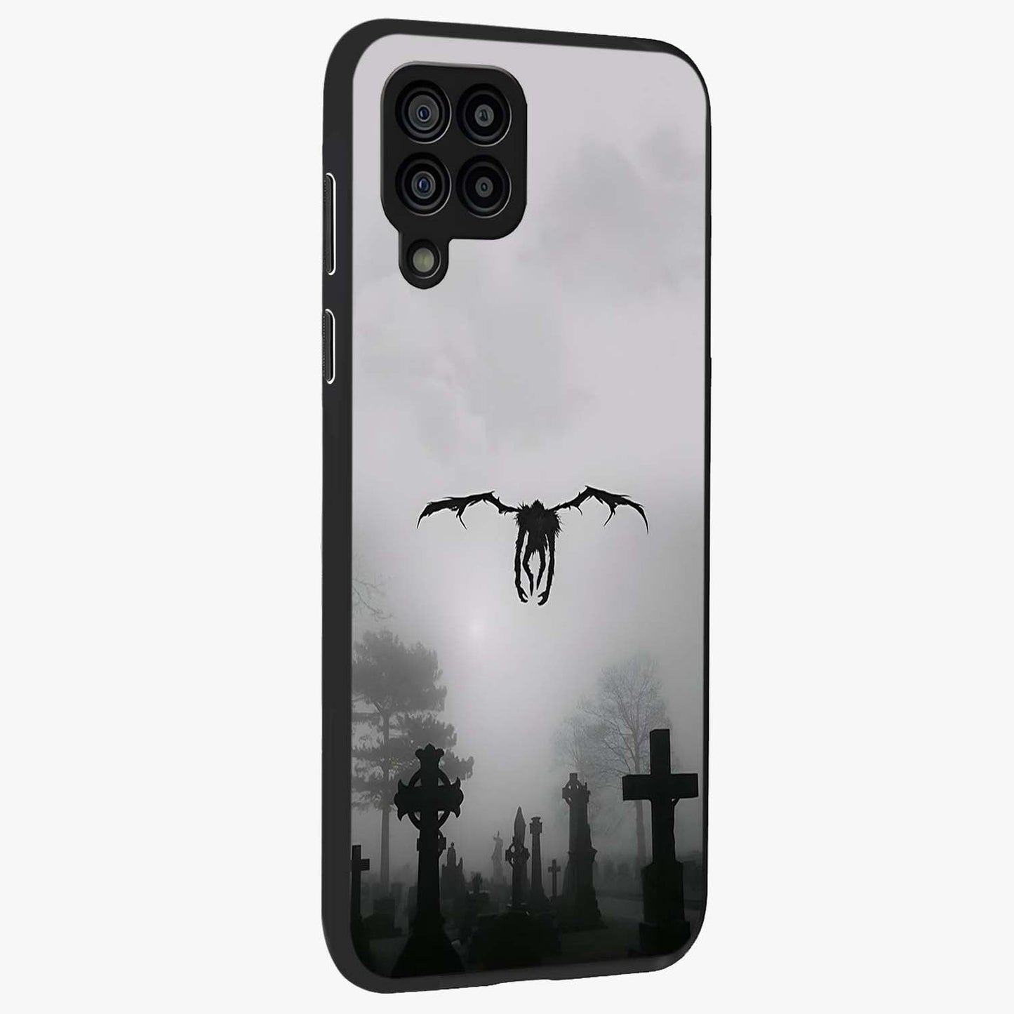 Graveyard Shadow Descent Glass Case upright view showcasing haunting graveyard artwork with dramatic dark theme.