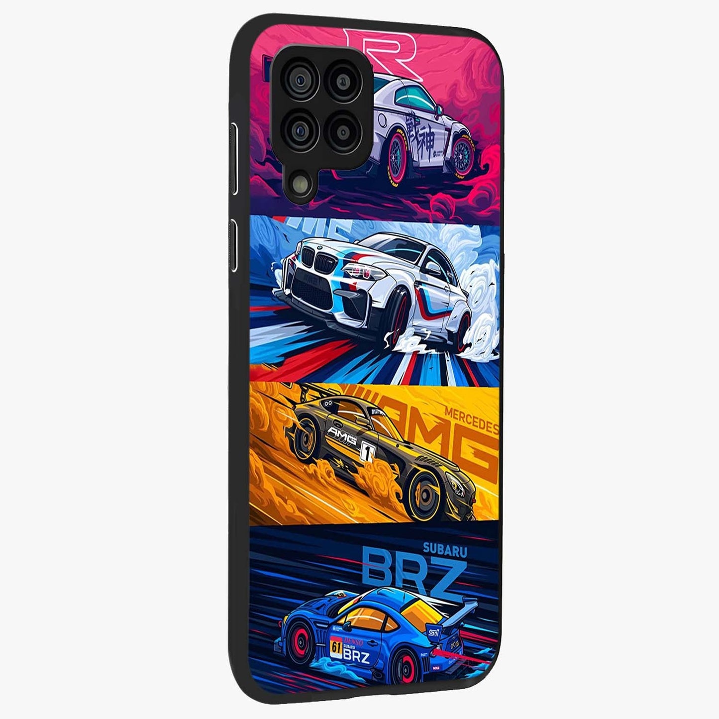 JDM Sports Car Glass Case upright view showcasing dynamic sports car artwork with bold racing theme.