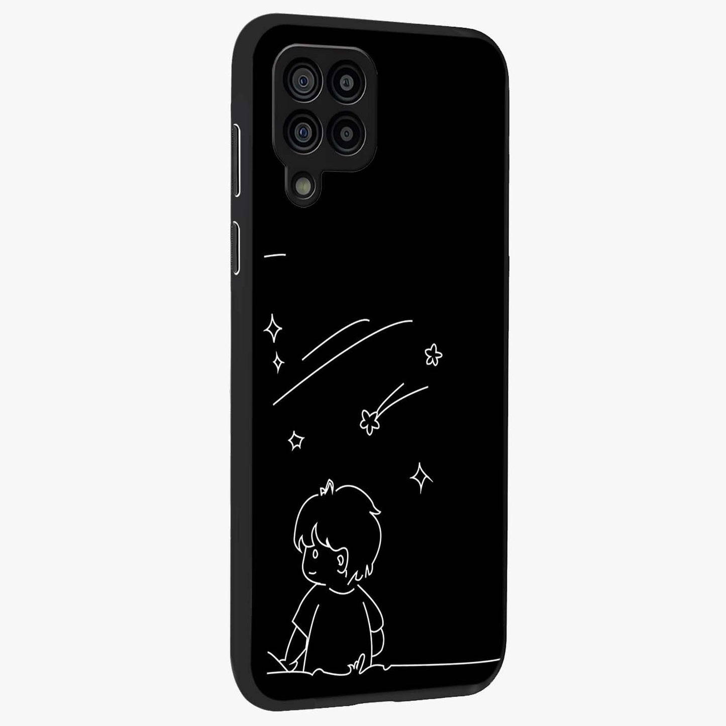 Line Art Boy With Shooting Stars Glass Case upright view showcasing artistic shooting star illustration with minimal style.