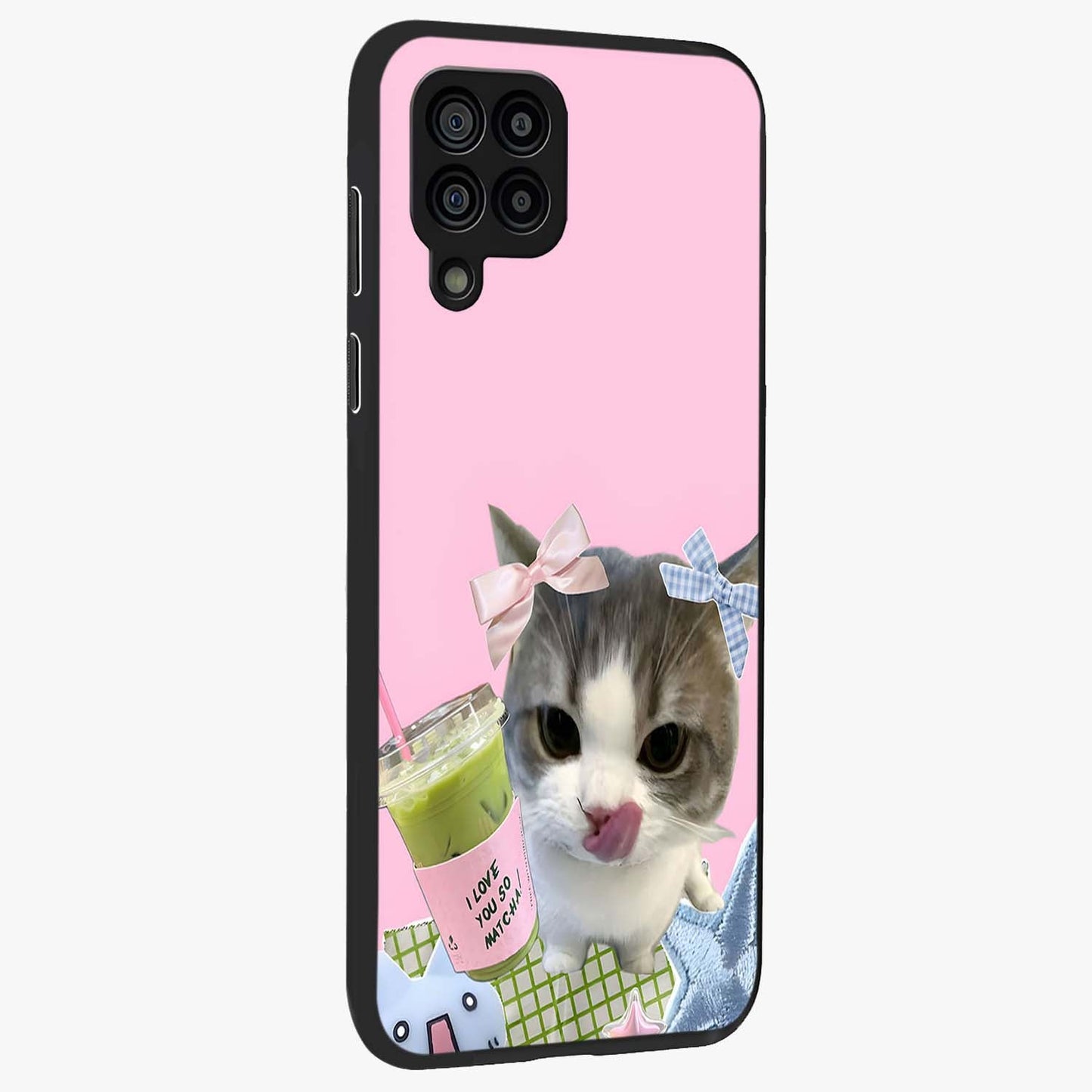 Love Matcha Cat Glass Case upright view showcasing adorable cat artwork with charming matcha themed design.