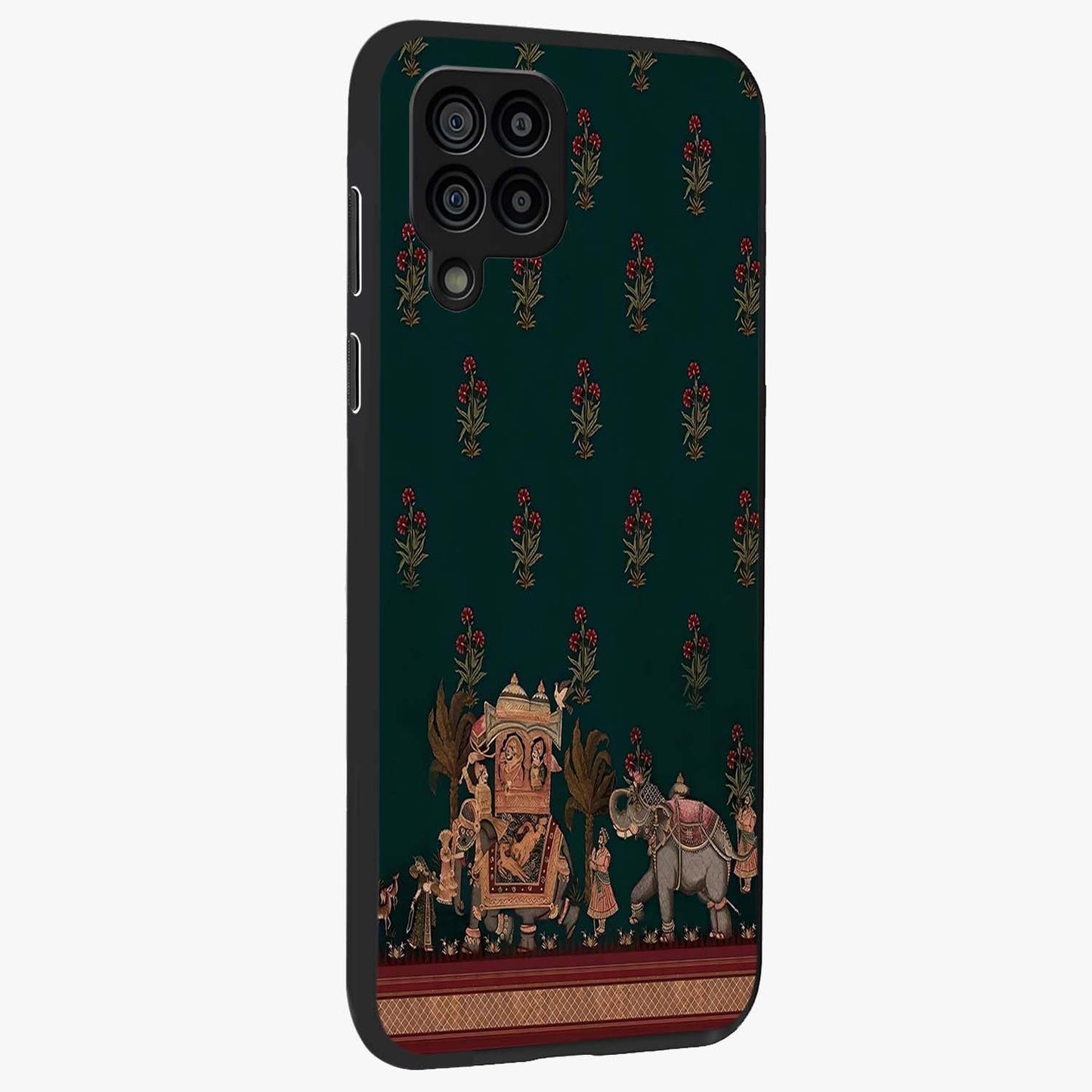 Macmerise Glass Case upright view showcasing bold artistic artwork with contemporary design theme.