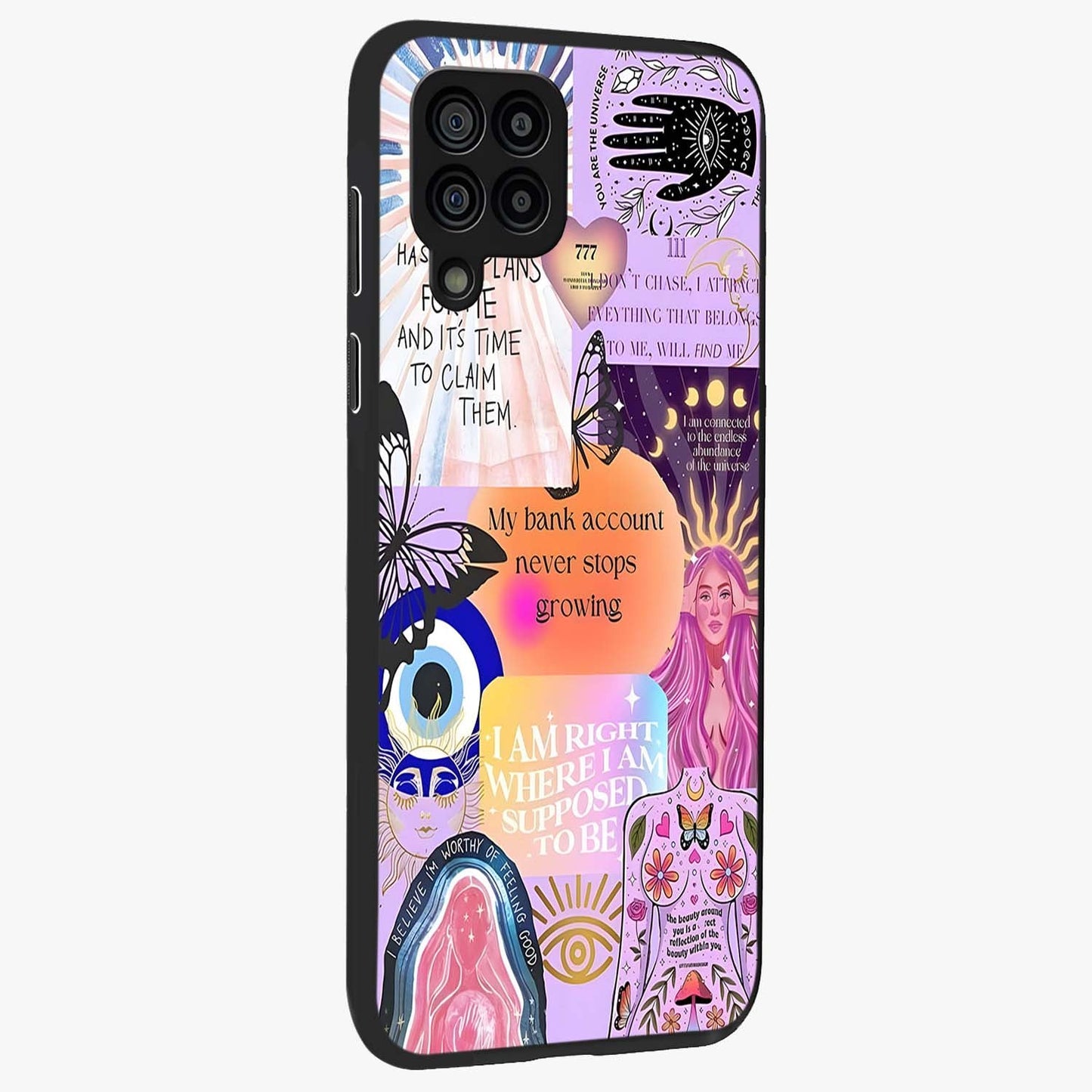 Manifestation Collage Glass Case upright view showcasing artistic manifestation themed artwork with creative style.