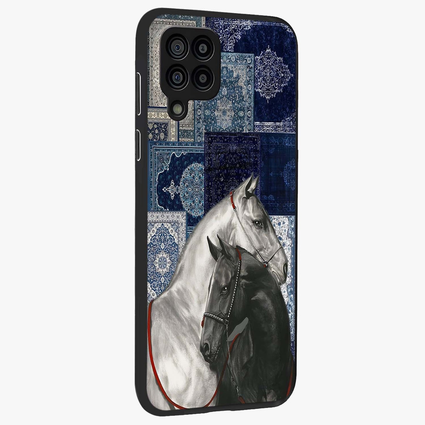 Midnight Stallion Blues Glass Case upright view showcasing dramatic horse artwork with bold artistic theme.