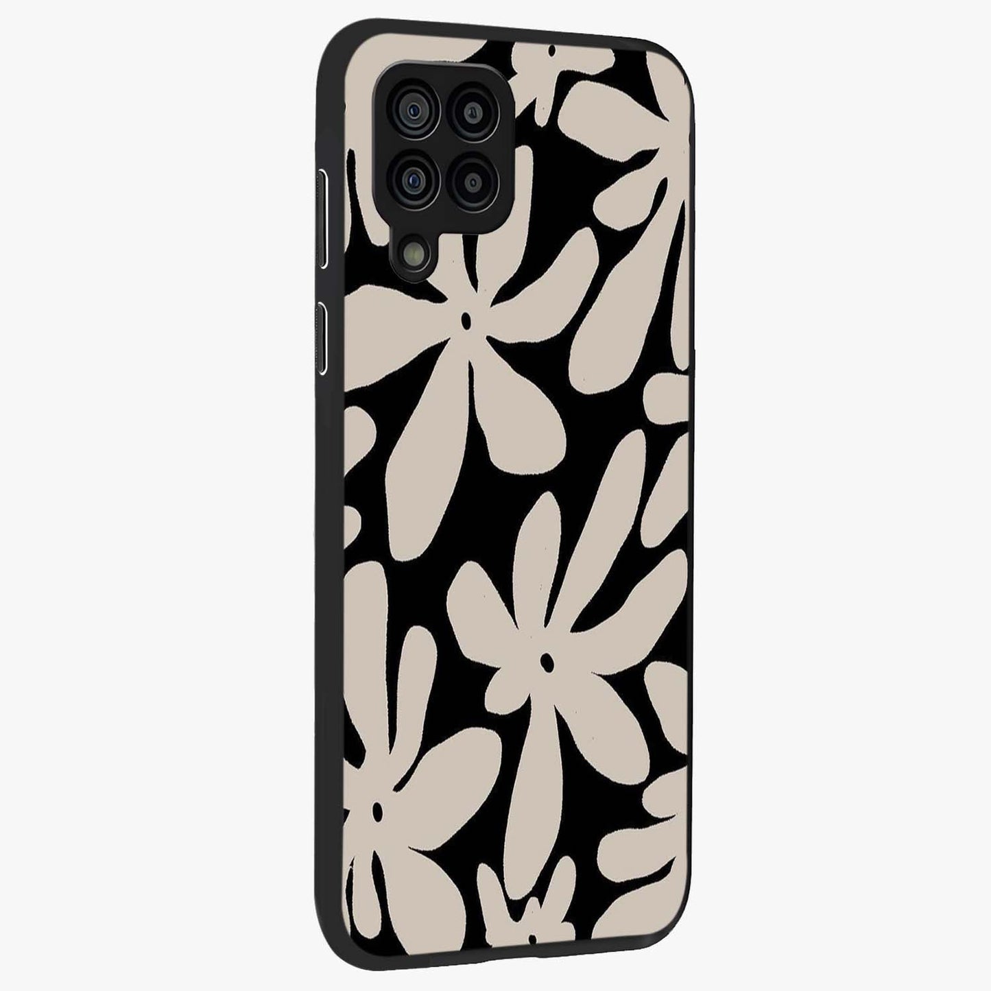 Monochrome Petal Dance Glass Case upright view showcasing artistic floral pattern with stylish monochrome theme.