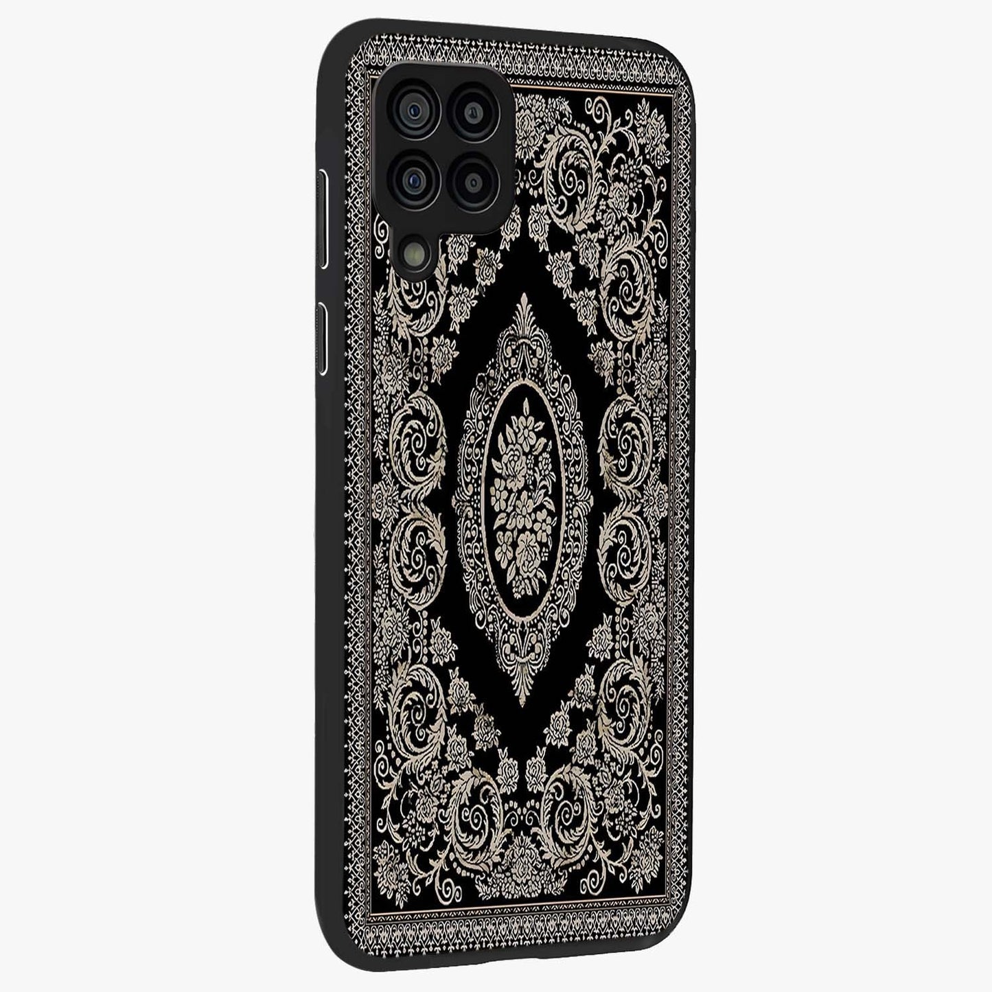 Noir Bloom Elegance Glass Case upright view showcasing graceful floral artwork with luxurious dark theme.
