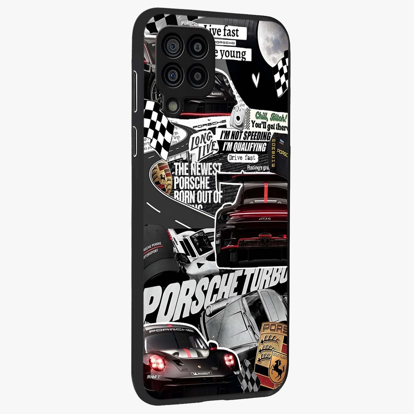 Porsche Racing Collage Glass Case upright view showcasing energetic car collage artwork with high speed racing theme.