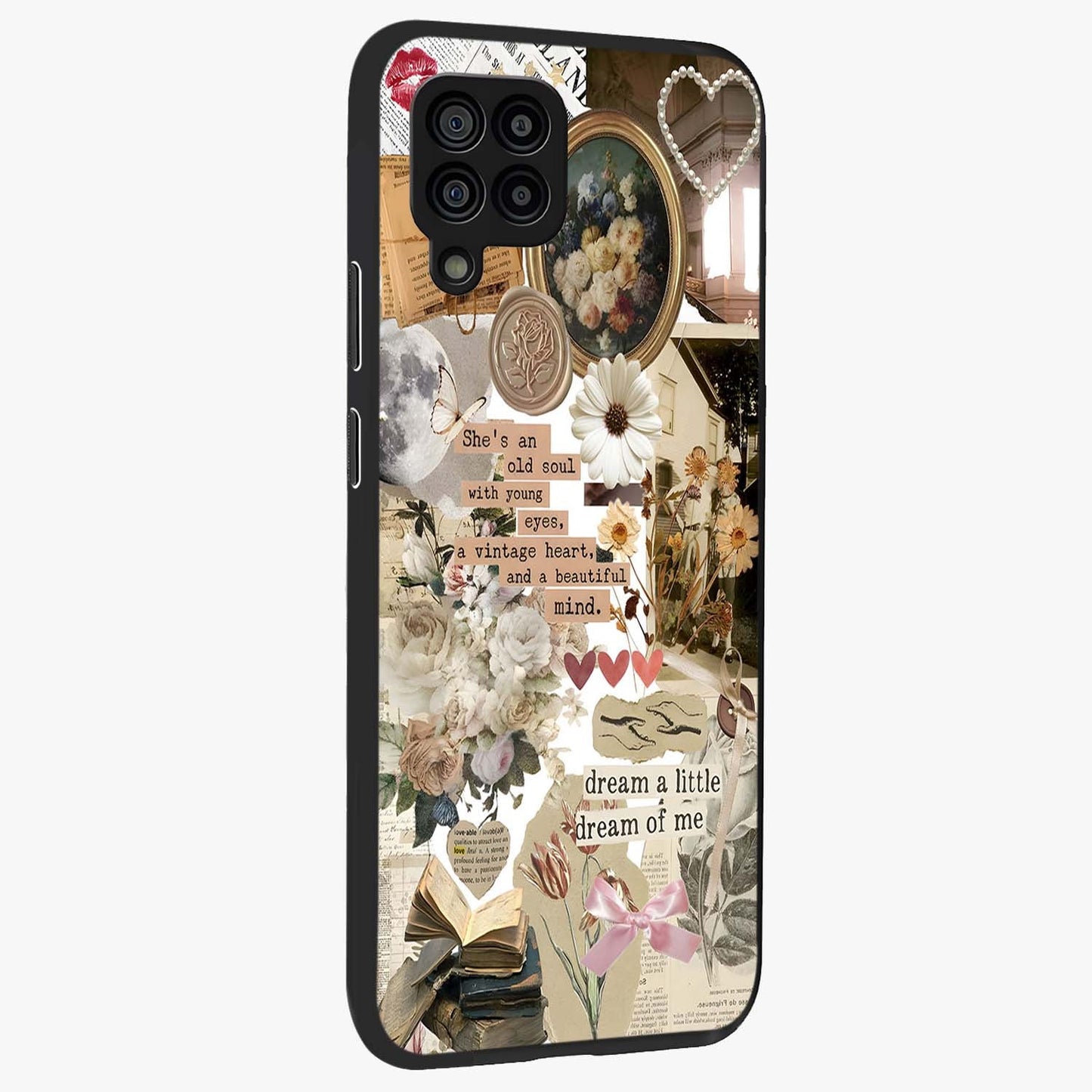 Aesthetic Brown Vintage Collage Glass Case upright view showcasing nostalgic retro artwork with stylish vintage theme.