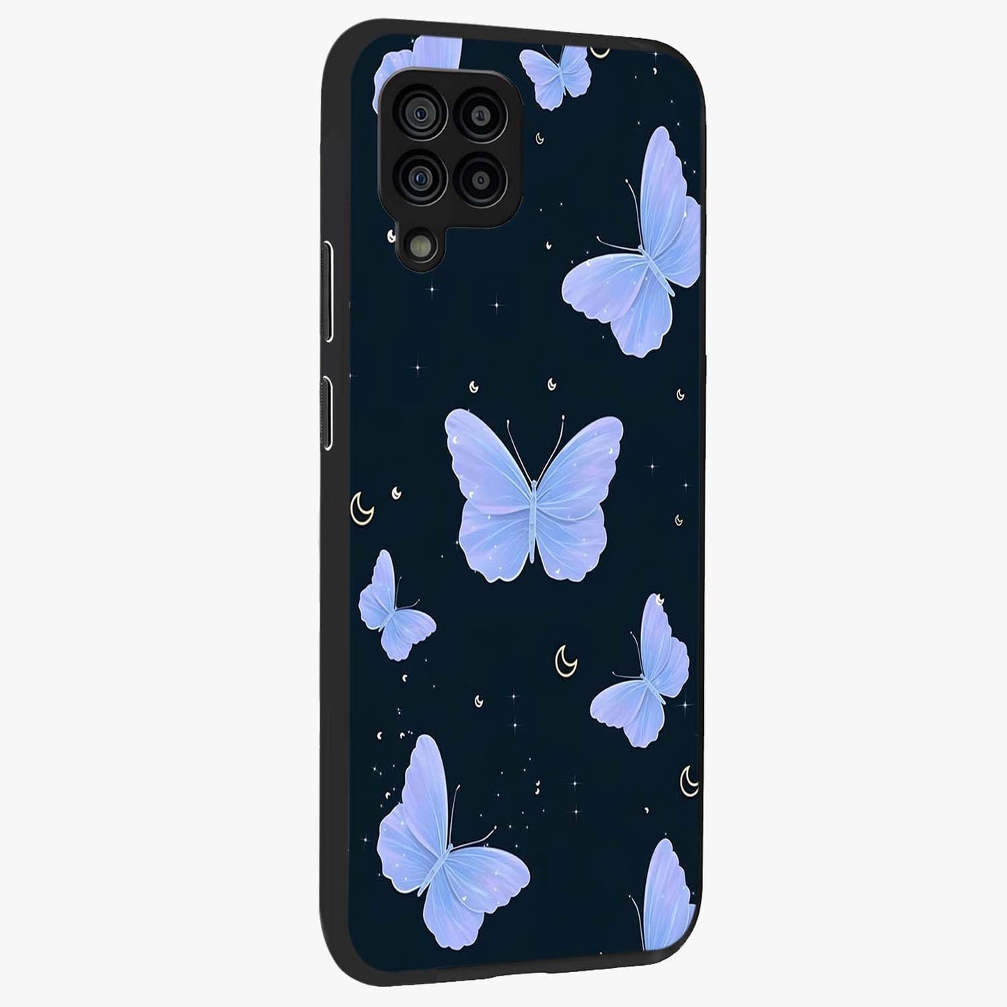 Butterfly With Stars Pattern Glass Case upright view showcasing celestial butterfly artwork with sparkling star elements.
