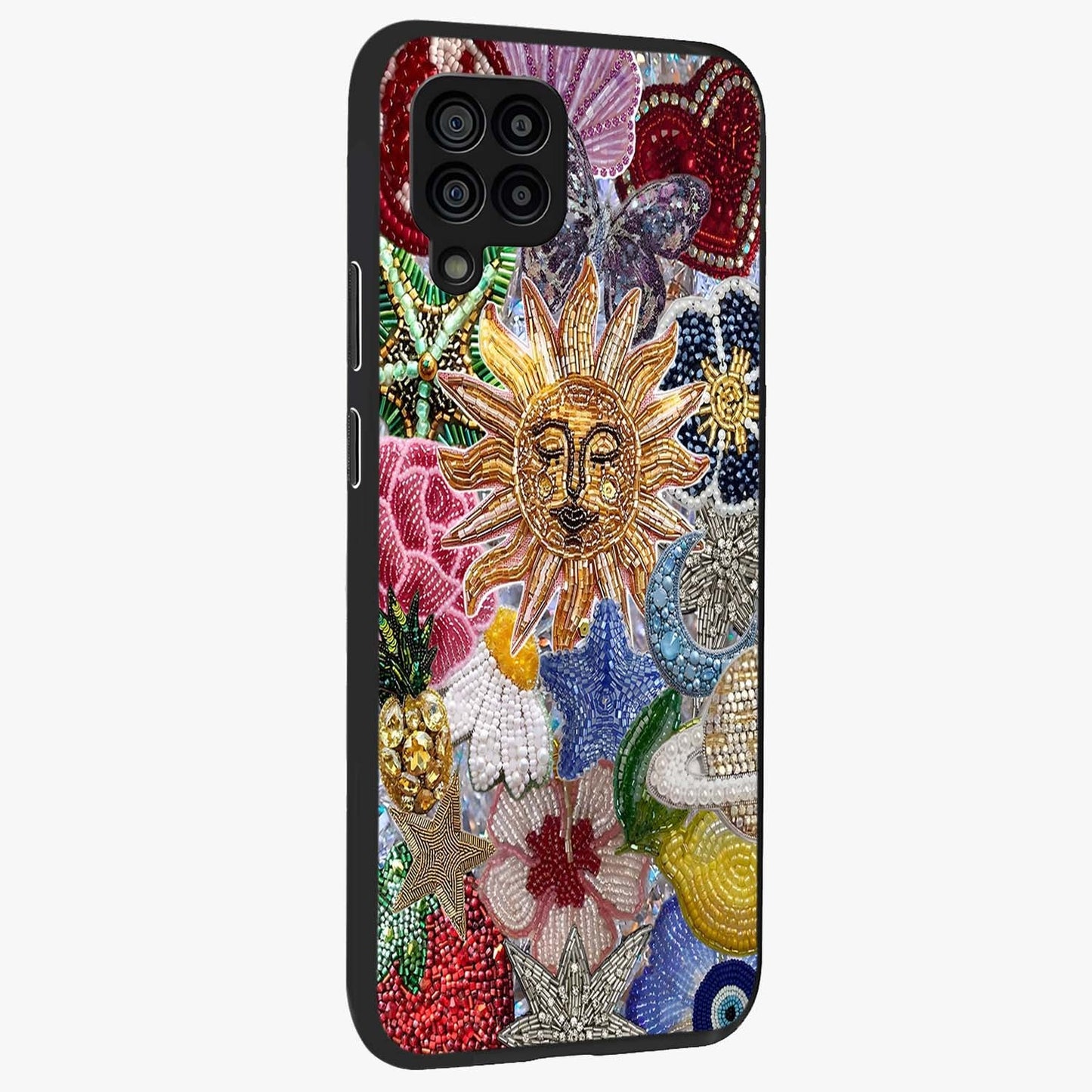 Celestial Floral and Playful Glass Case upright view showcasing whimsical floral artwork with cosmic aesthetic theme.