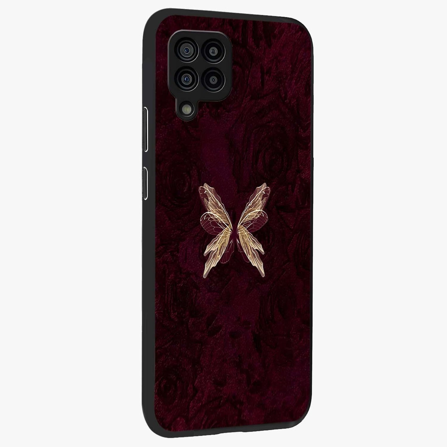 Crimson Fade Butterfly Glass Case upright view showcasing graceful butterfly artwork with soft crimson fade effect.