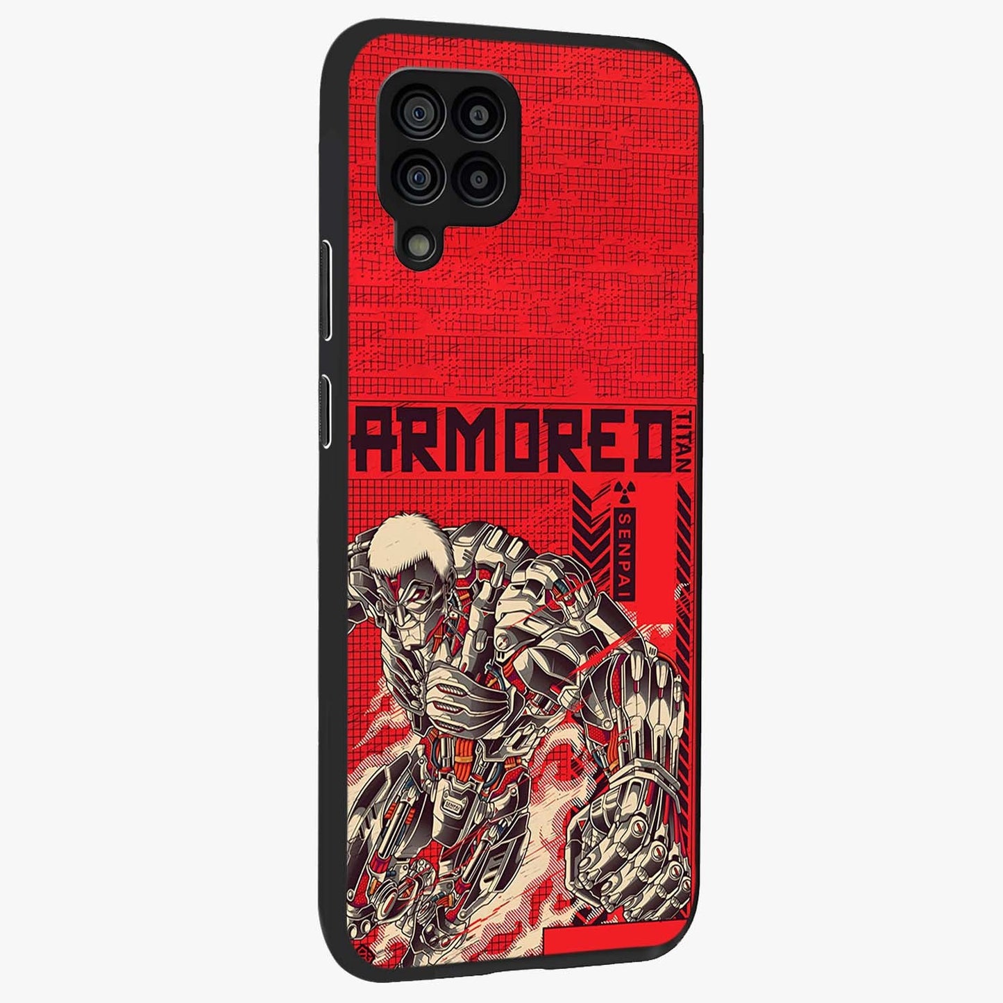 Crimson Mecha Titan Glass Case upright view showcasing dynamic robotic titan design with sci-fi inspired theme.