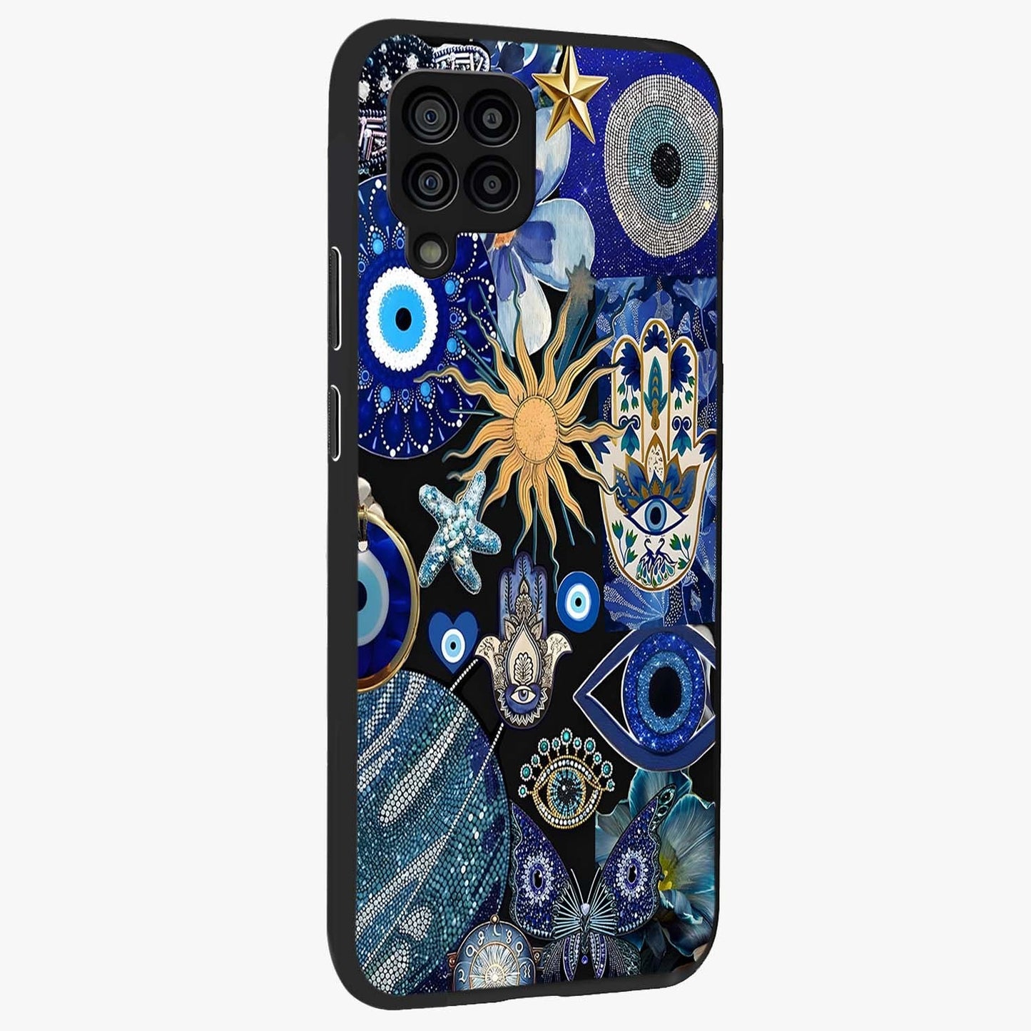 Evil Eye Charm Mix Glass Case upright view showcasing mystical evil eye pattern with vibrant decorative style.