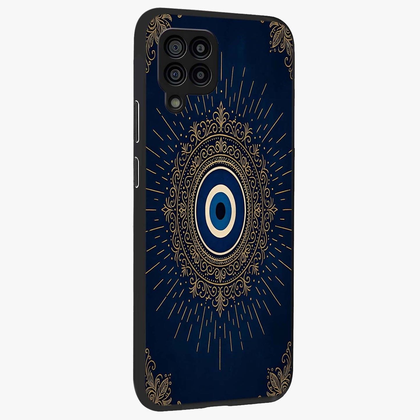 Golden Celestial Charm Glass Case upright view showcasing radiant celestial artwork with elegant golden theme.