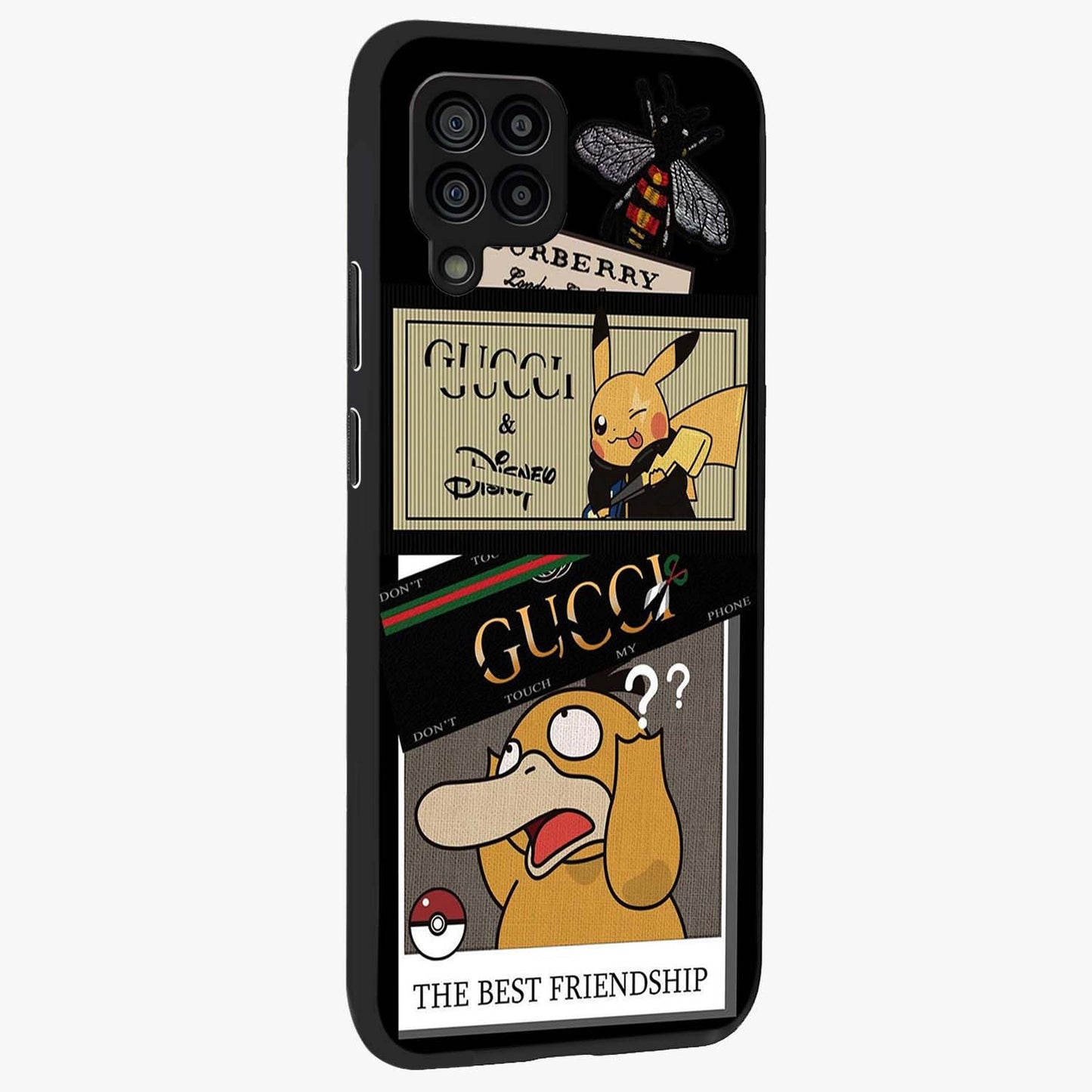 Gucci Play Mashup Glass Case upright view showcasing trendy luxury inspired artwork with modern fashion theme.