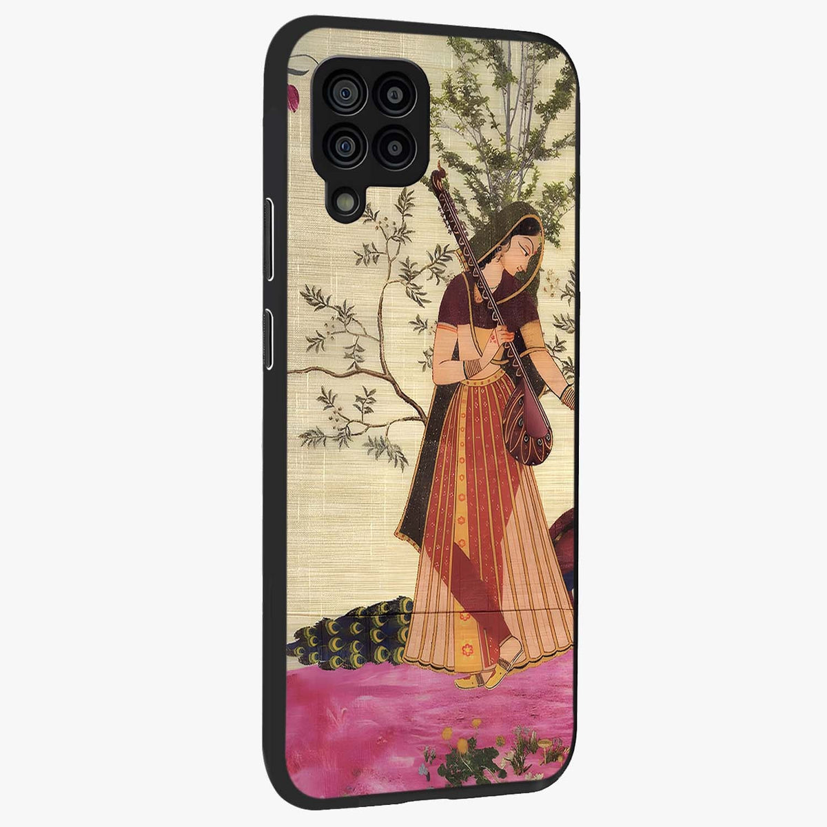 Lady With Veena Art Glass Case upright view showcasing classical veena artwork with traditional artistic theme.
