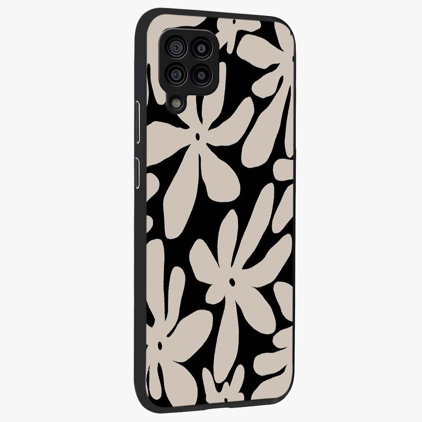 Monochrome Petal Dance Glass Case upright view showcasing artistic floral pattern with stylish monochrome theme.