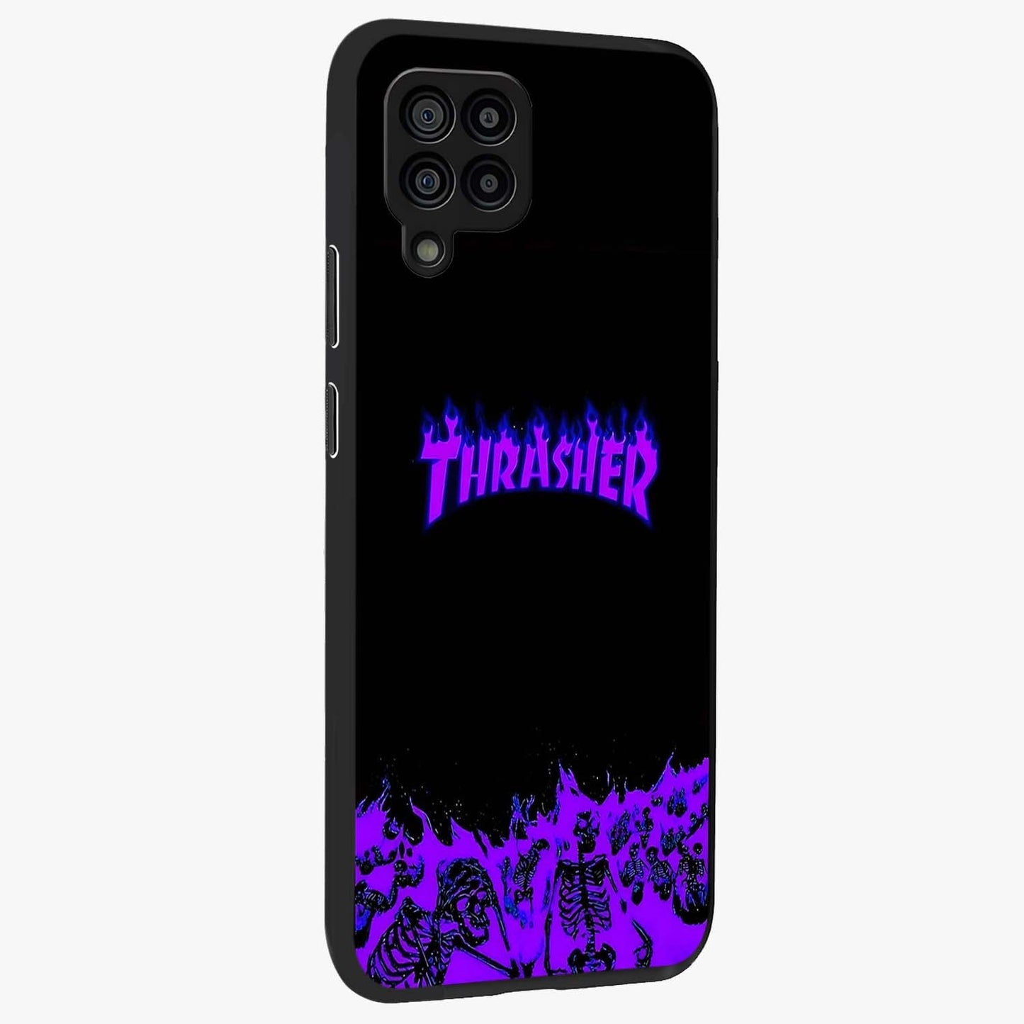 Neon Flame Riot Glass Case upright view showcasing dynamic flame artwork with energetic neon theme.
