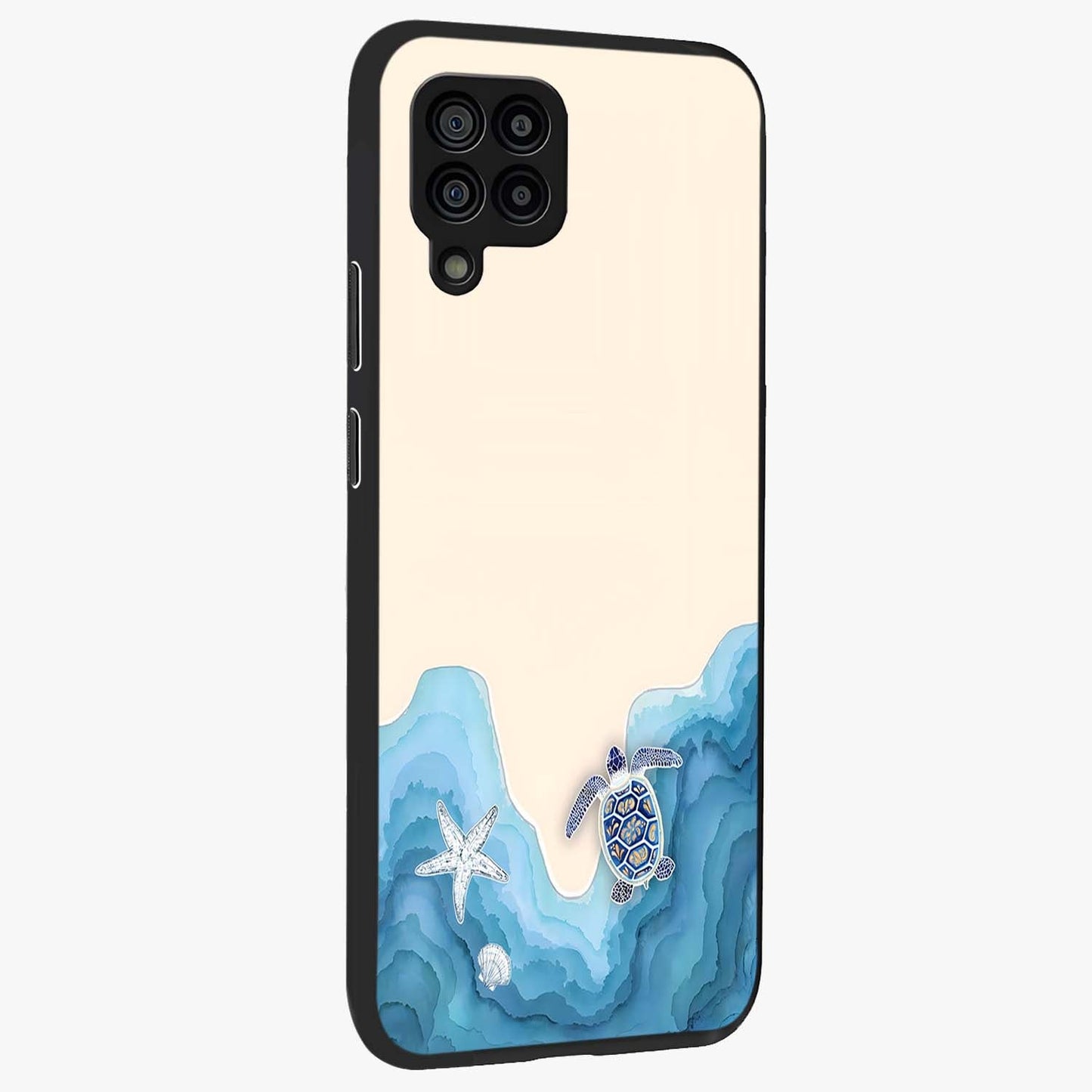 Ocean Drift Turtle Glass Case upright view showcasing calm underwater turtle artwork with nature inspired theme.