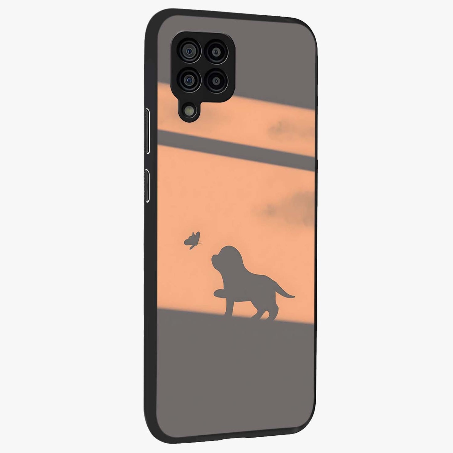 Puppy Shadow Art Glass Case upright view showcasing charming puppy artwork with creative silhouette theme.