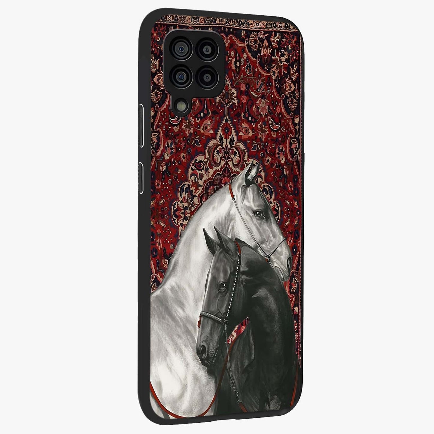 Regal Stallion Tapestry Glass Case upright view showcasing powerful horse artwork with elegant tapestry theme.