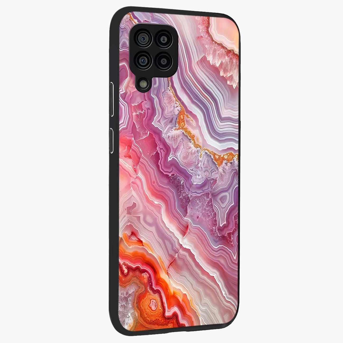 Rose Quartz Marble Glass Case upright view showcasing decorative marble artwork with luxurious pastel theme.