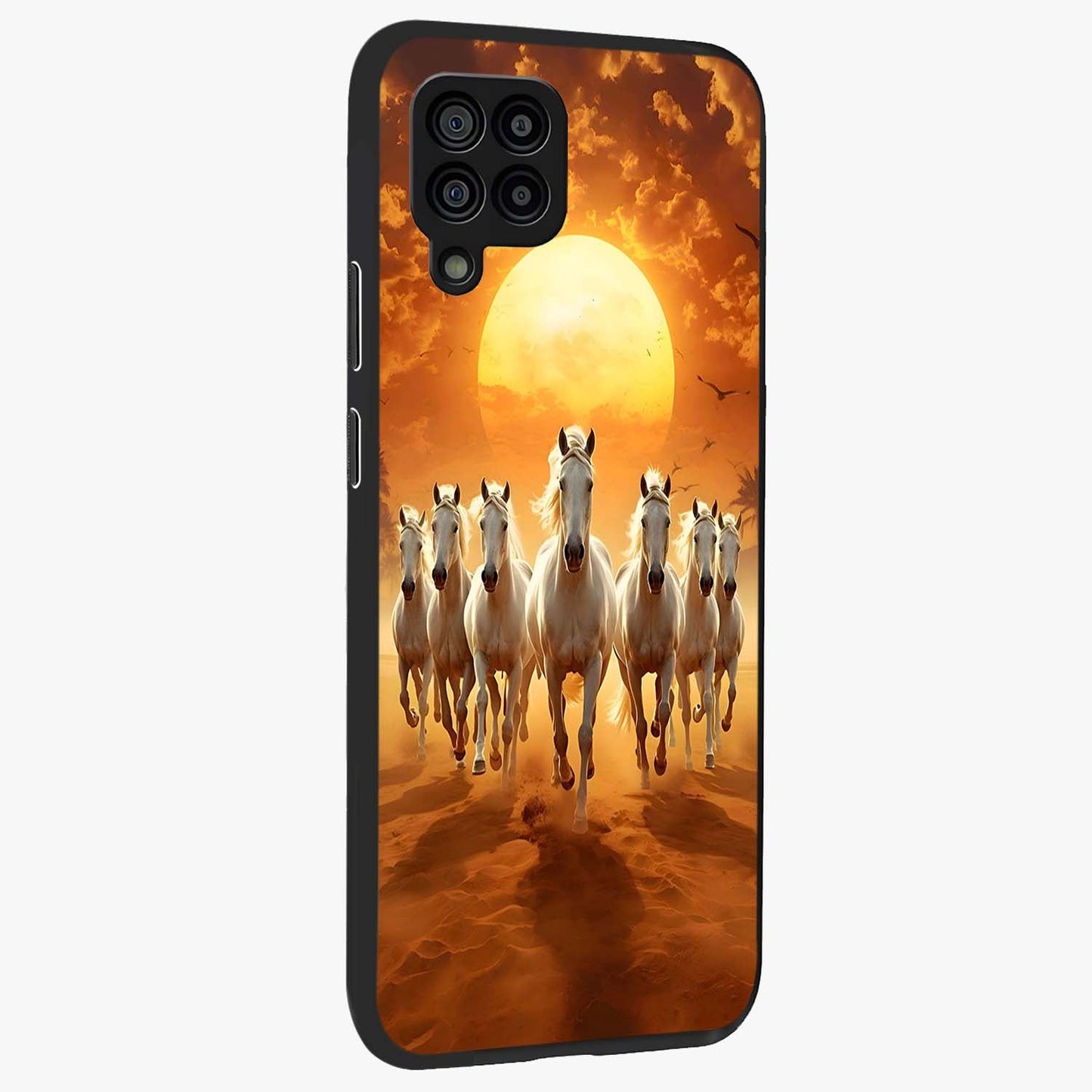 Wild Sunset Majesty Glass Case upright view showcasing dramatic sunset artwork with bold nature theme.
