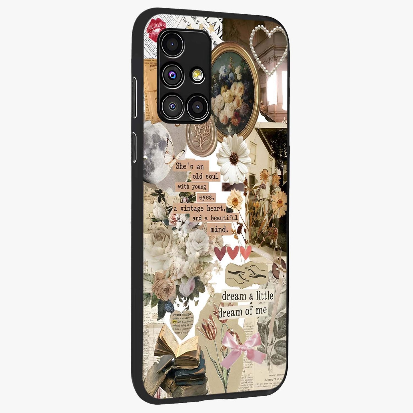 Aesthetic Brown Vintage Collage Glass Case upright view showcasing nostalgic retro artwork with stylish vintage theme.