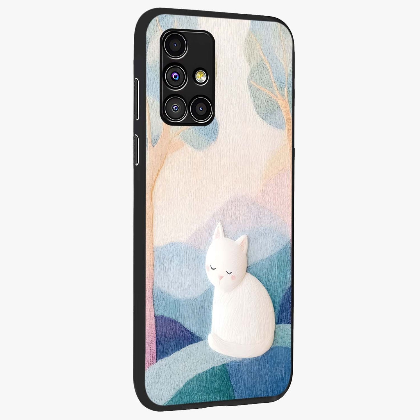 Cotton Dream Cat Glass Case upright view showcasing charming cat artwork with cozy dreamy theme.