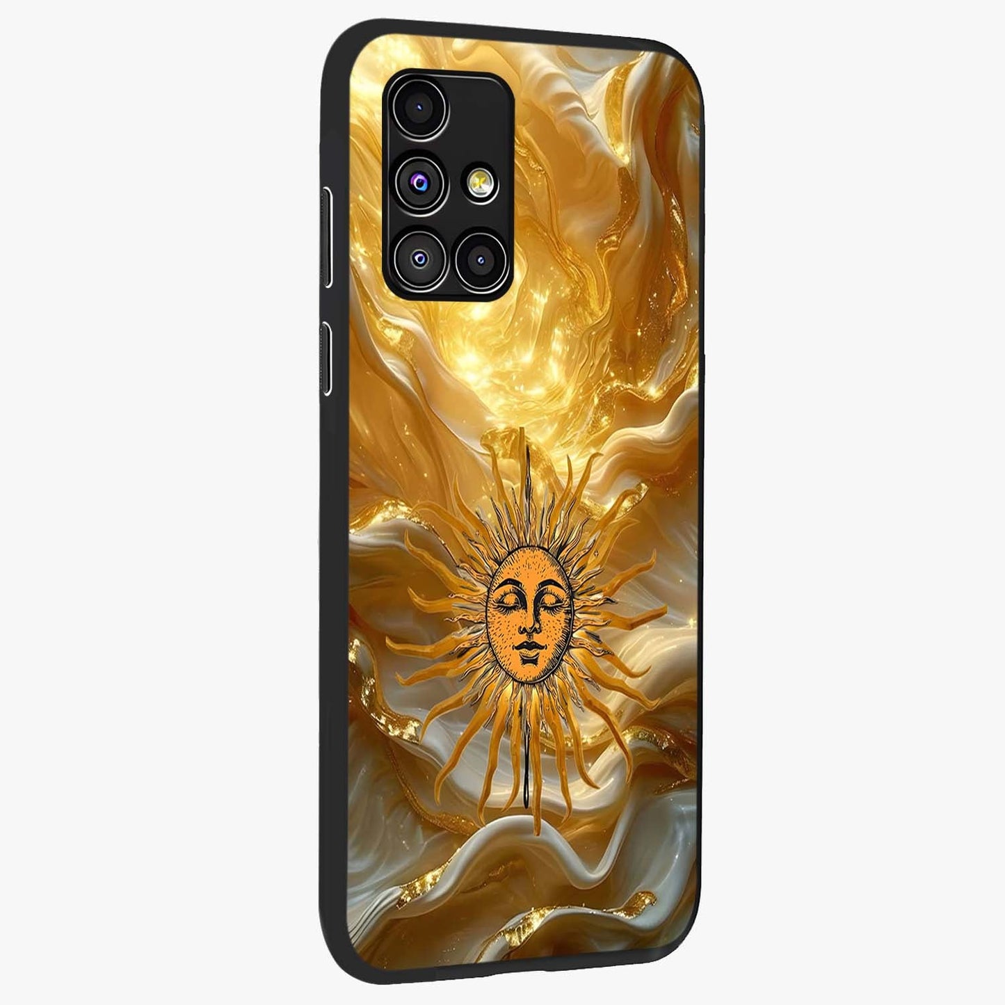 Eternal Golden Glow Glass Case upright view showcasing luminous golden artwork with luxurious visual theme.