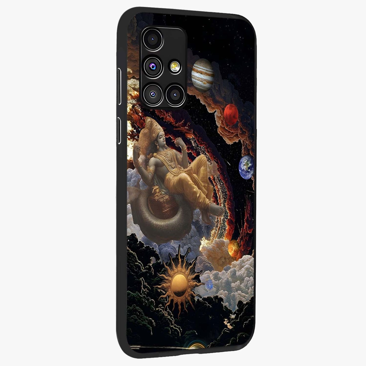 Galactic Divine God Glass Case upright view showcasing mystical divine artwork with dramatic cosmic theme.