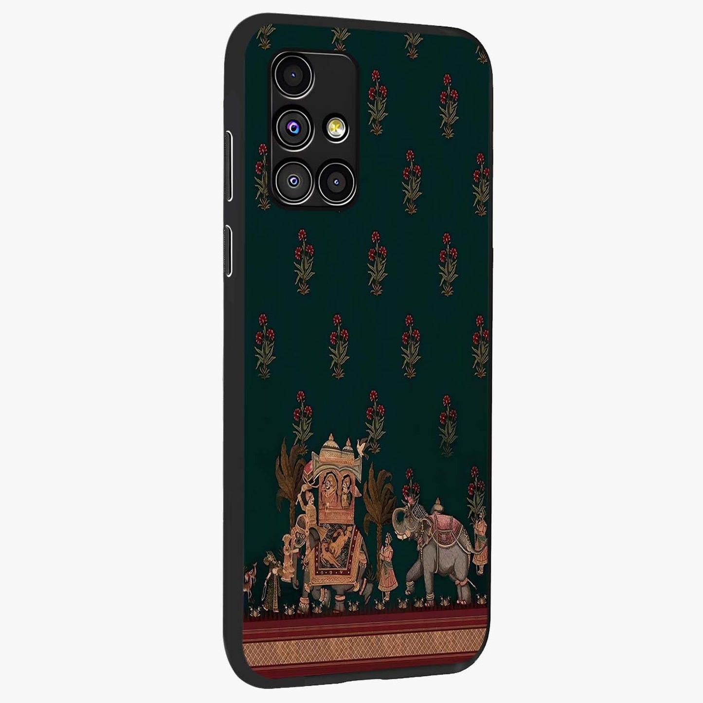 Macmerise Glass Case upright view showcasing bold artistic artwork with contemporary design theme.