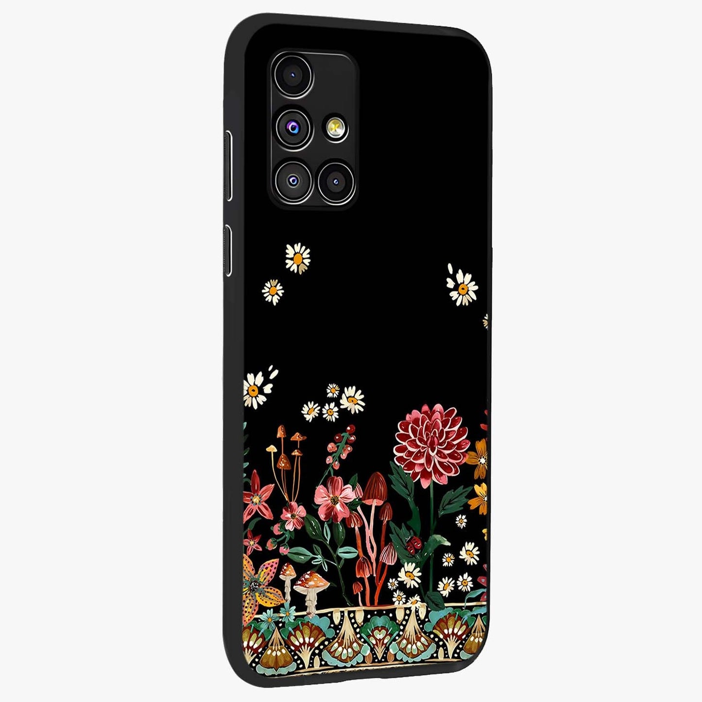 Midnight Bloom Pattern Glass Case upright view showcasing decorative floral artwork with deep night themed palette.