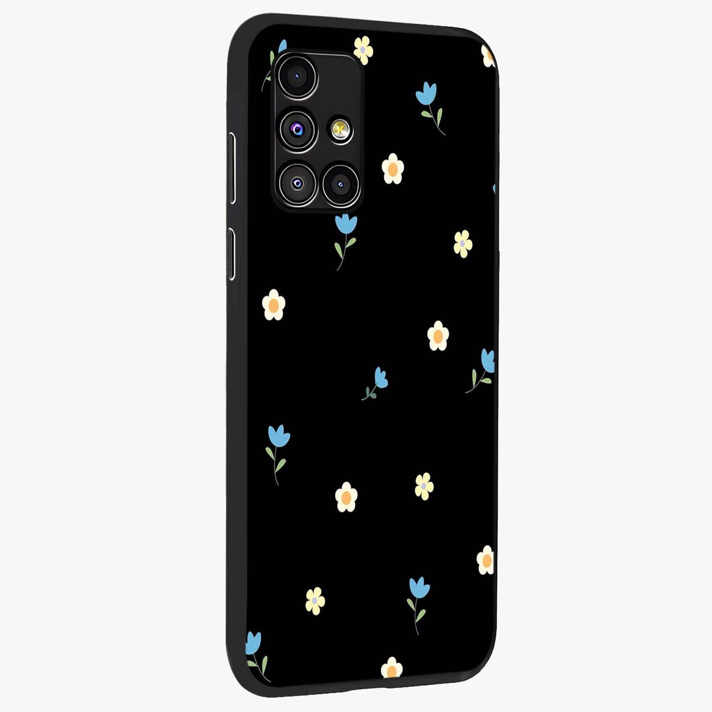 Minimal Petal Whispers Glass Case upright view showcasing elegant floral artwork with modern minimalist style.