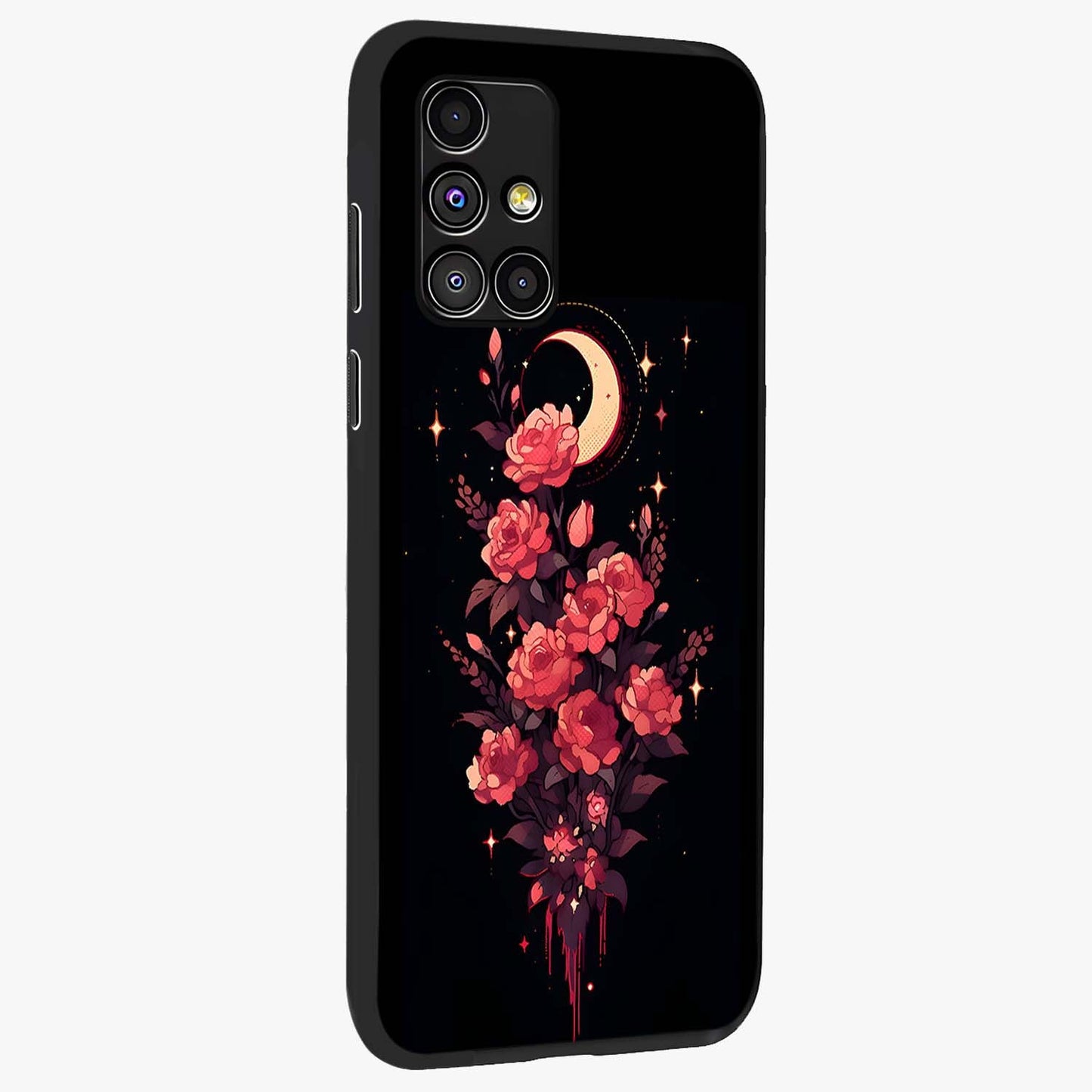 Moonlit Floral Elegance Glass Case upright view showcasing delicate floral artwork with refined night inspired theme.