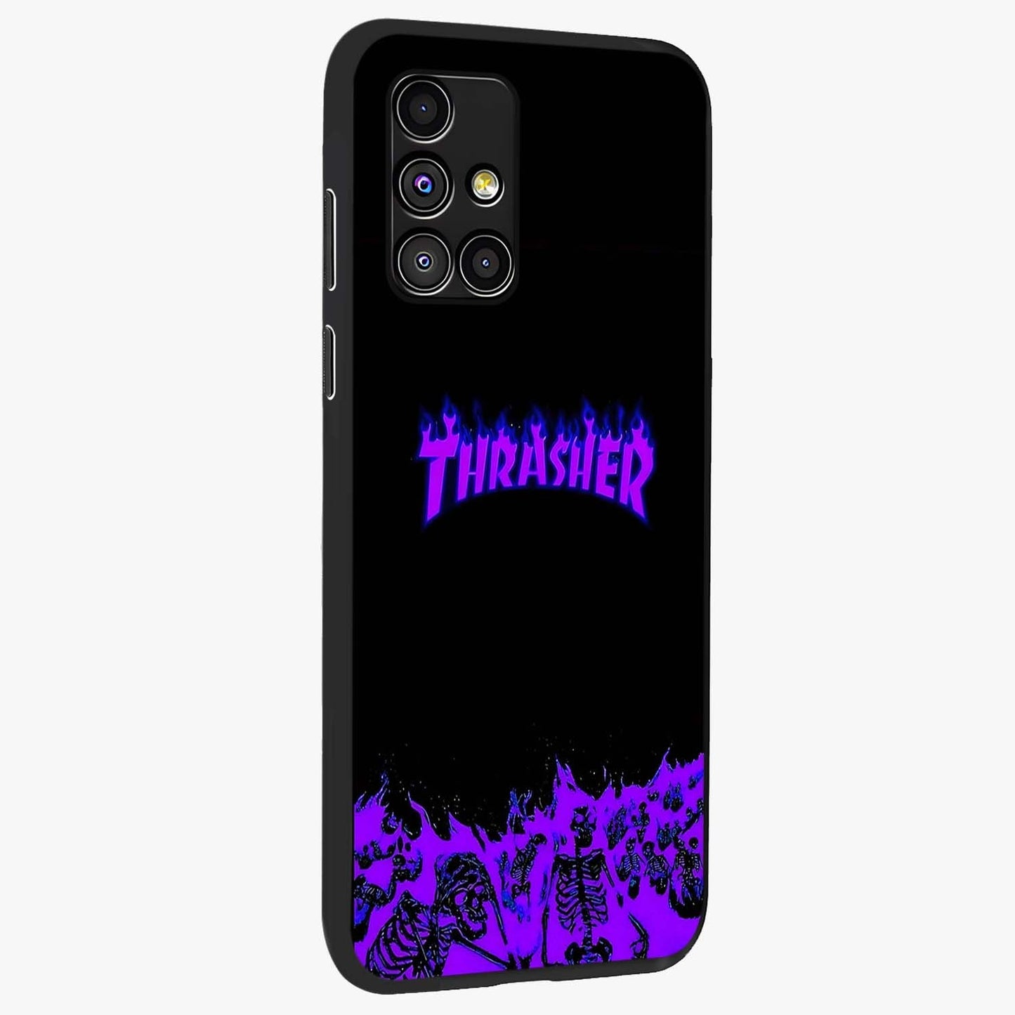 Neon Flame Riot Glass Case upright view showcasing dynamic flame artwork with energetic neon theme.