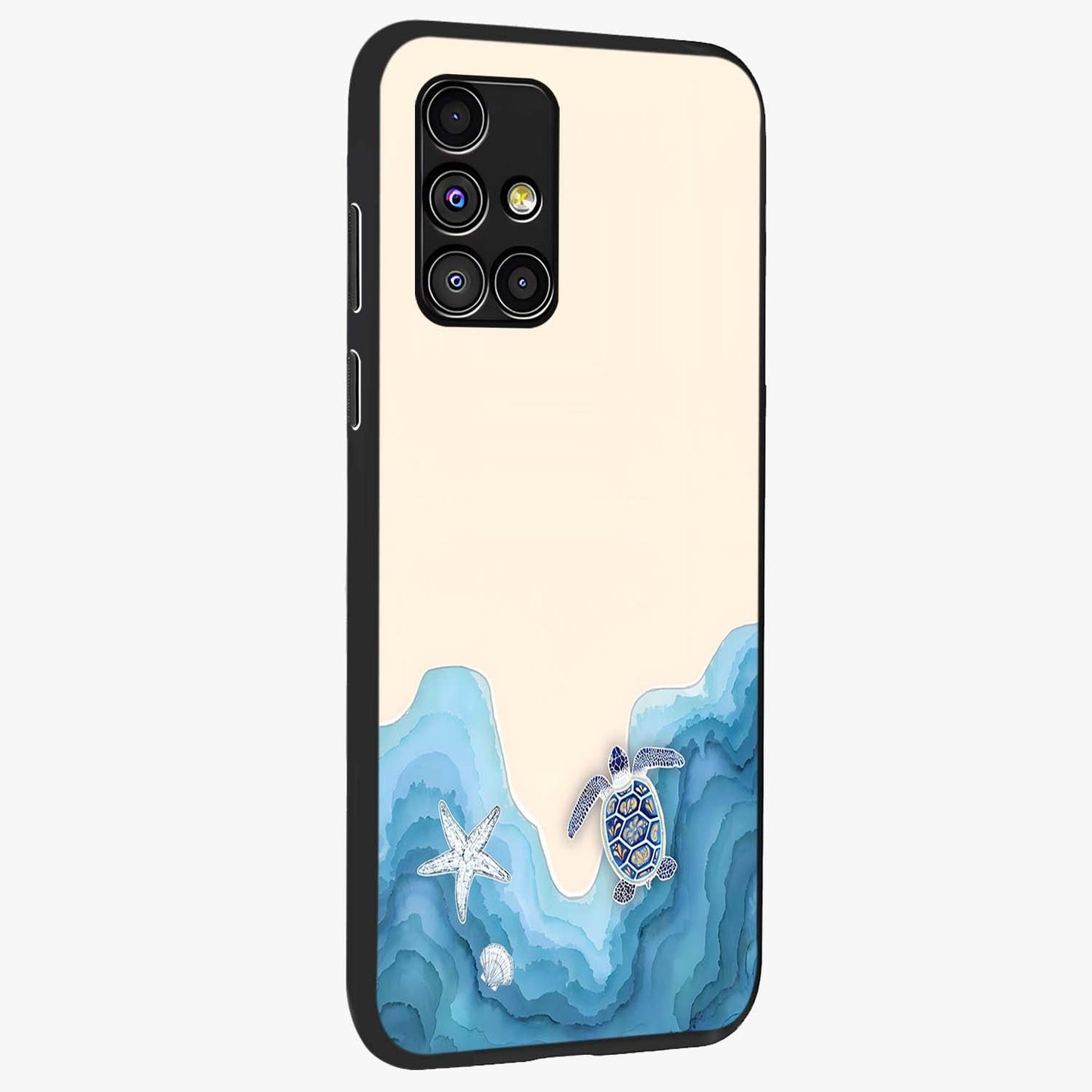 Ocean Drift Turtle Glass Case upright view showcasing calm underwater turtle artwork with nature inspired theme.