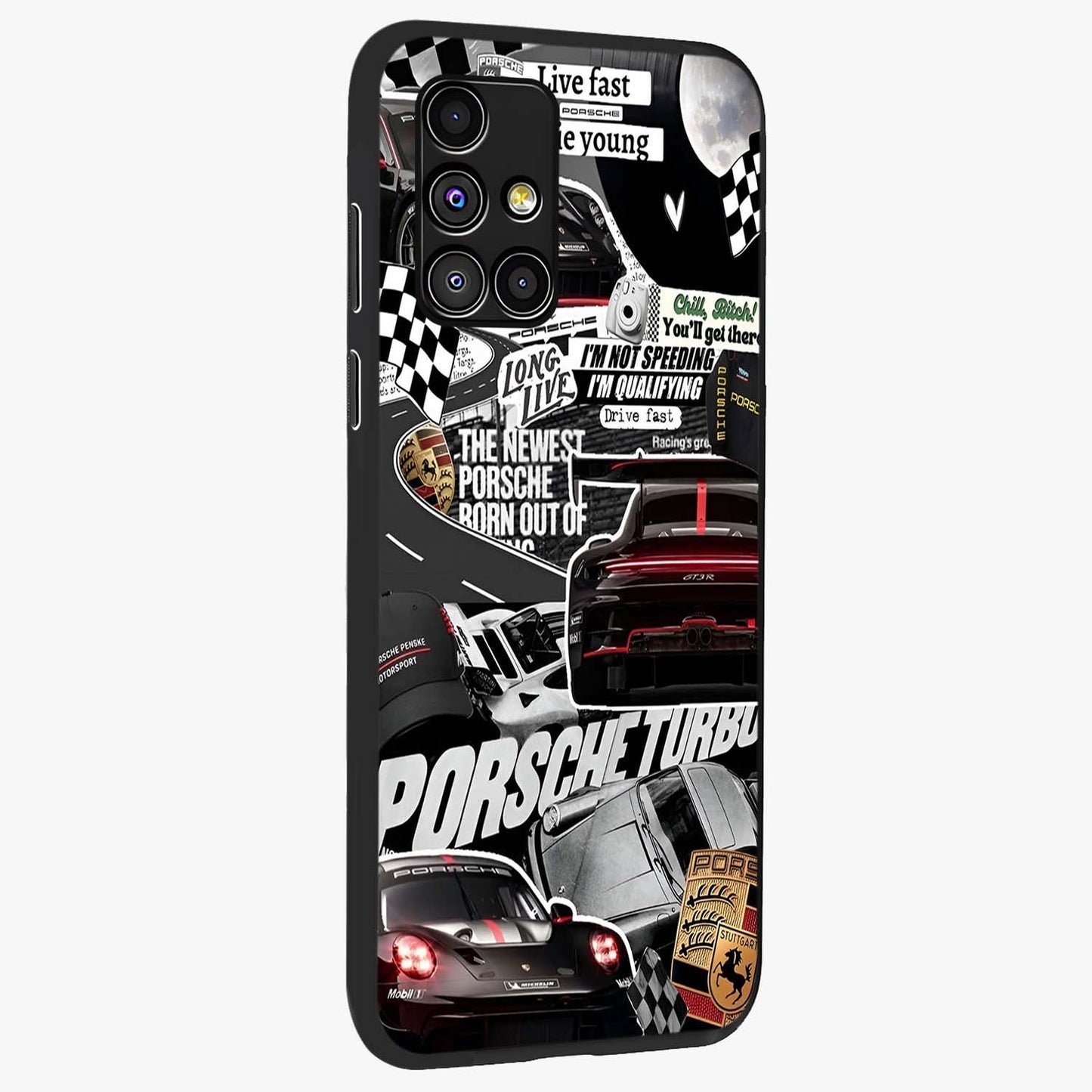 Porsche Racing Collage Glass Case upright view showcasing energetic car collage artwork with high speed racing theme.