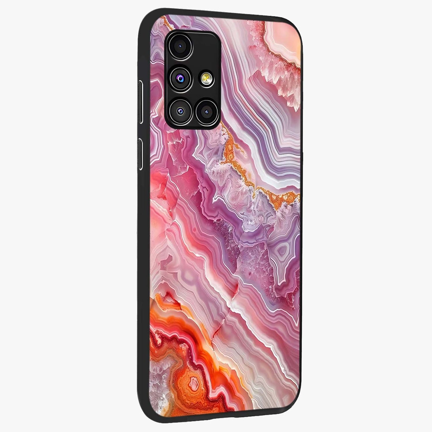 Rose Quartz Marble Glass Case upright view showcasing decorative marble artwork with luxurious pastel theme.