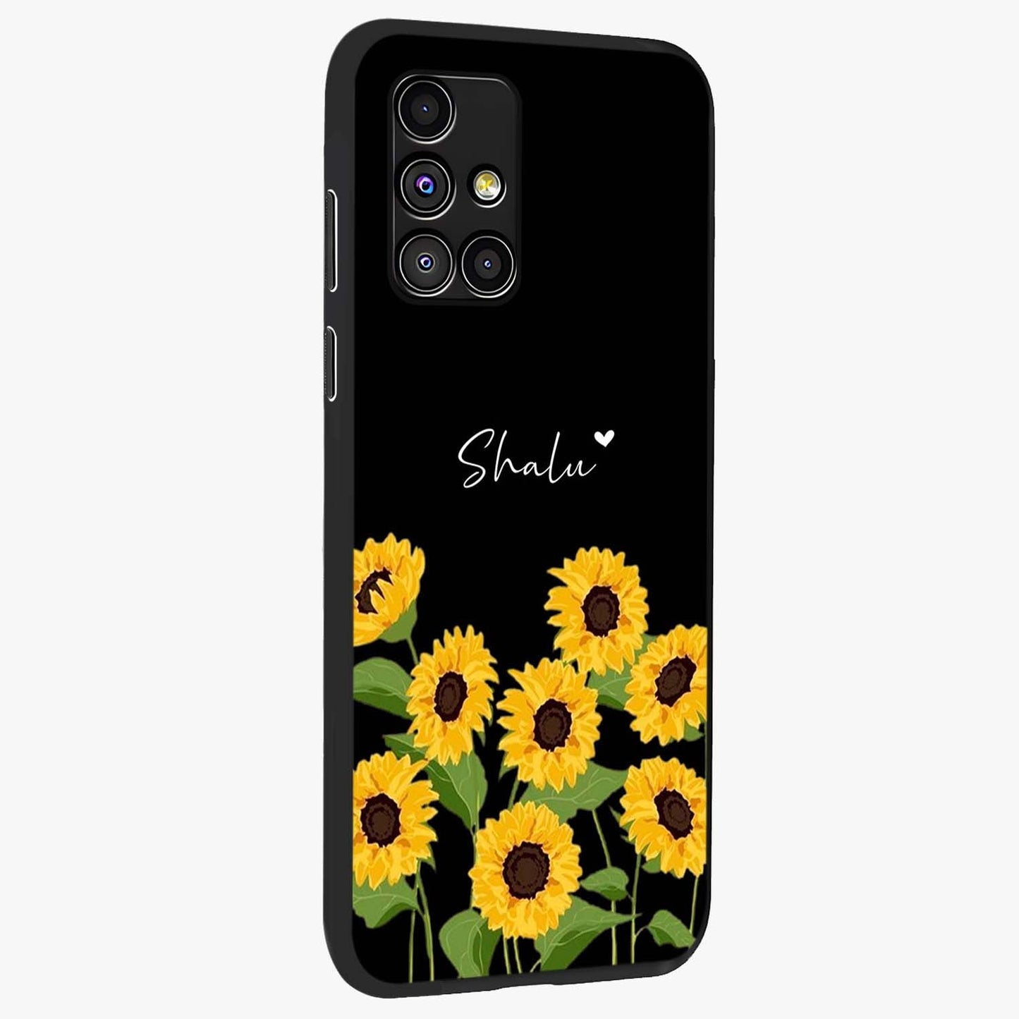 Sunflower Chic Mood Custom Name Glass Case upright view showcasing cheerful sunflower artwork with trendy floral theme.