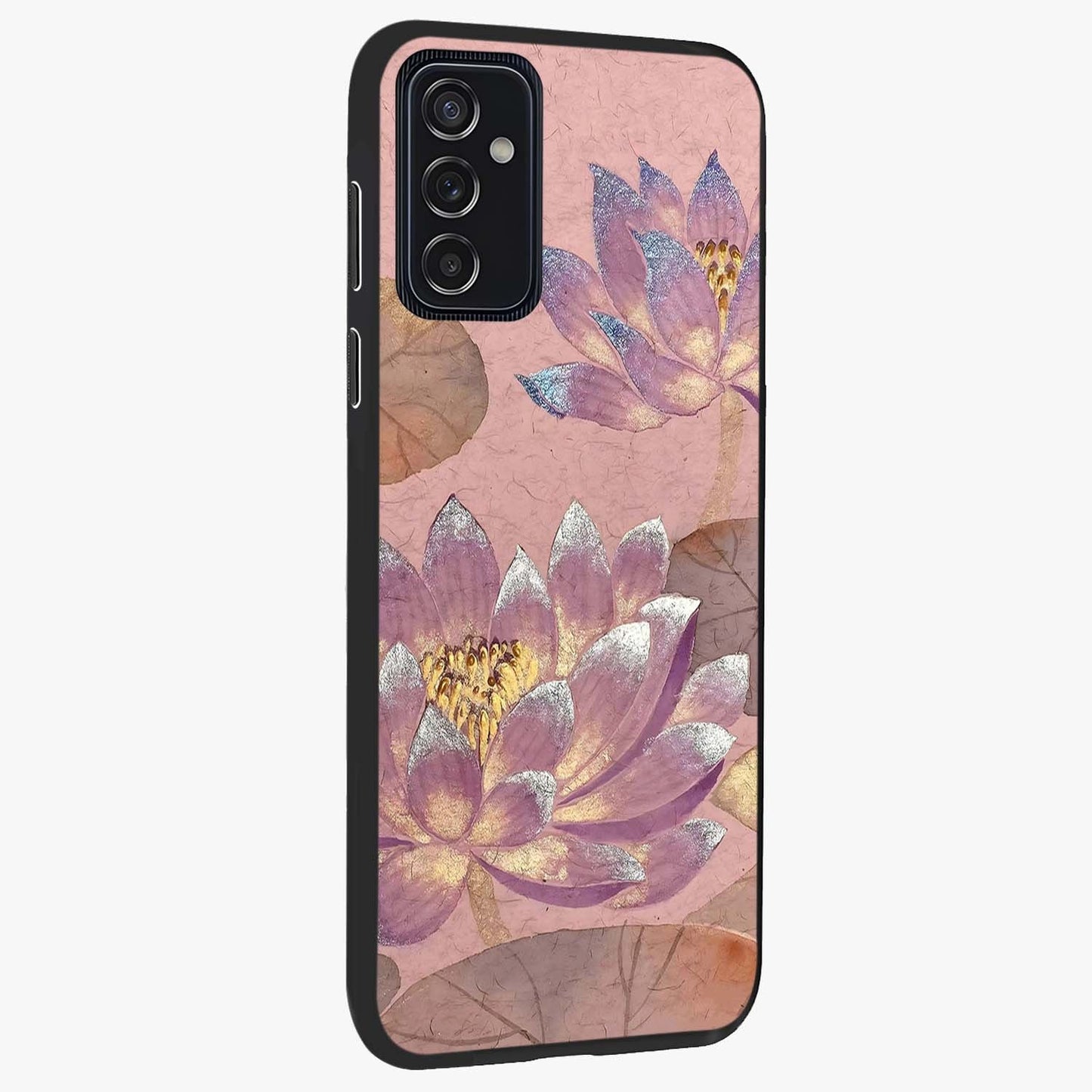 Blossom Mist Lotus Glass Case upright view showcasing graceful lotus flower design with peaceful botanical style.