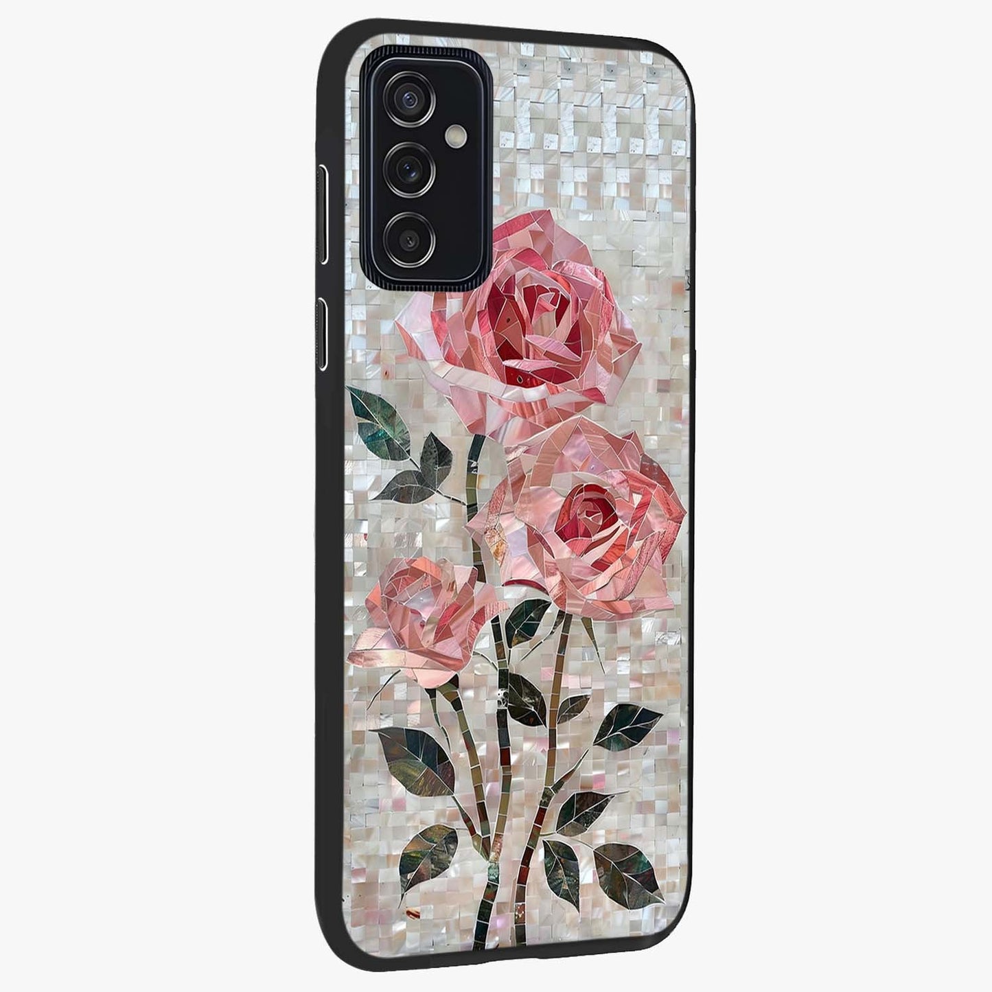 Blush Mosaic Bloom Glass Case upright view showcasing decorative floral mosaic artwork with stylish modern aesthetic.