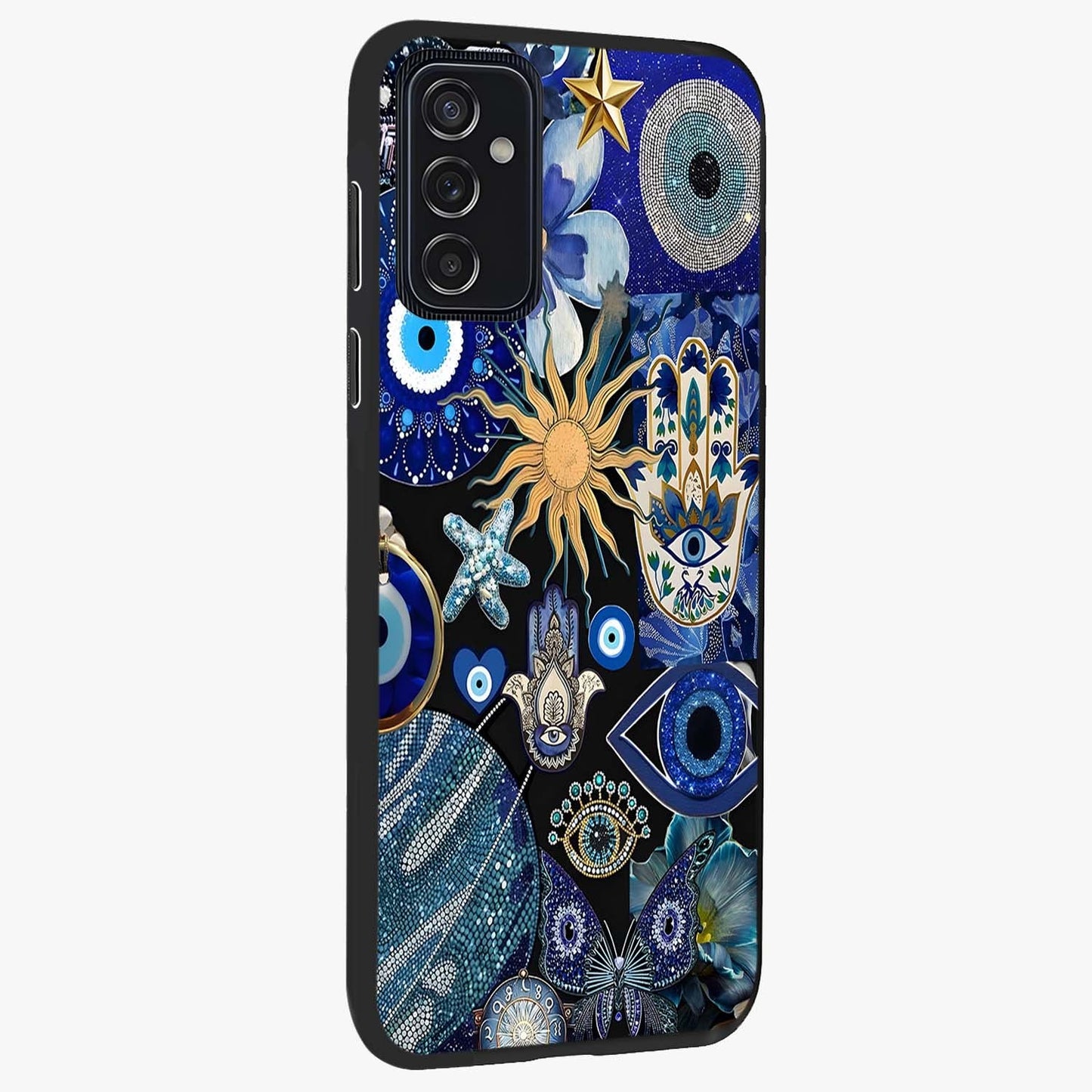 Evil Eye Charm Mix Glass Case upright view showcasing mystical evil eye pattern with vibrant decorative style.
