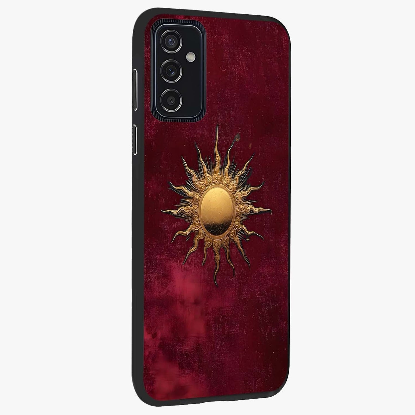 Golden Sun Minimalism Glass Case upright view showcasing simple golden sun artwork with elegant minimalist style.