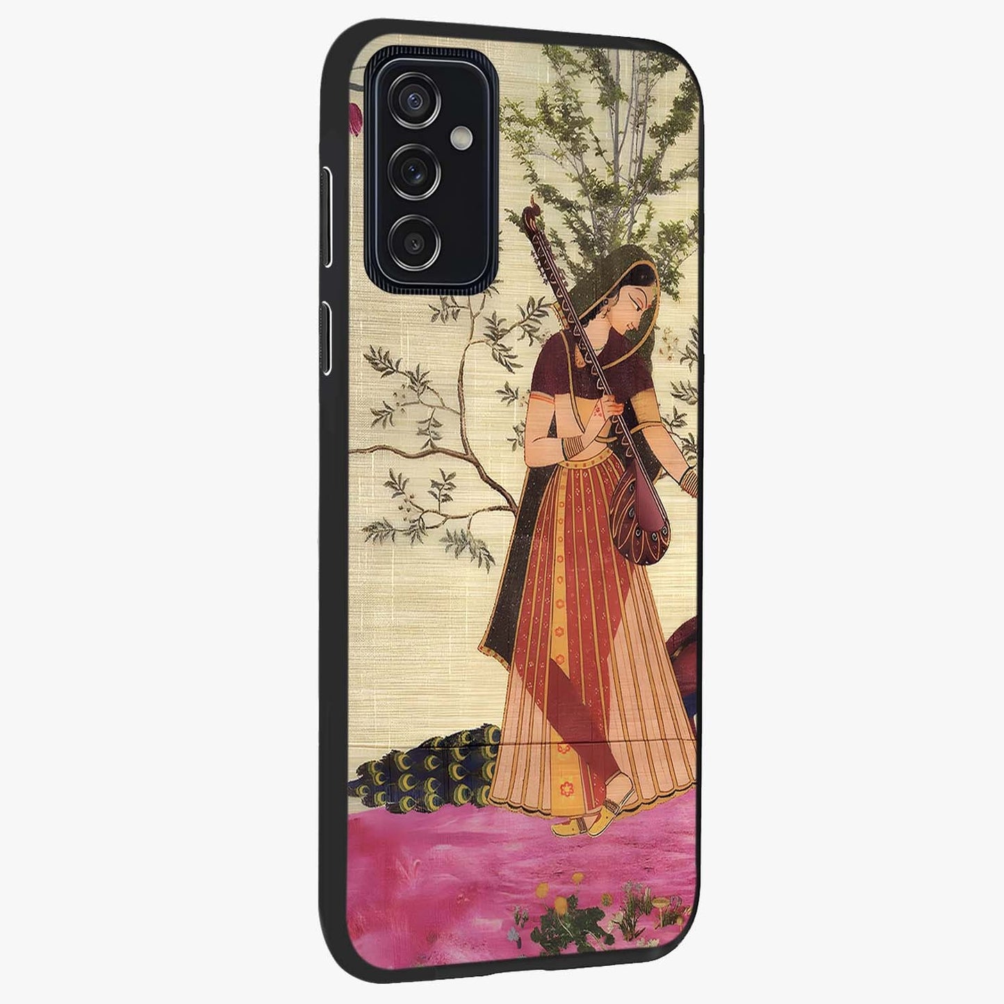 Lady With Veena Art Glass Case upright view showcasing classical veena artwork with traditional artistic theme.